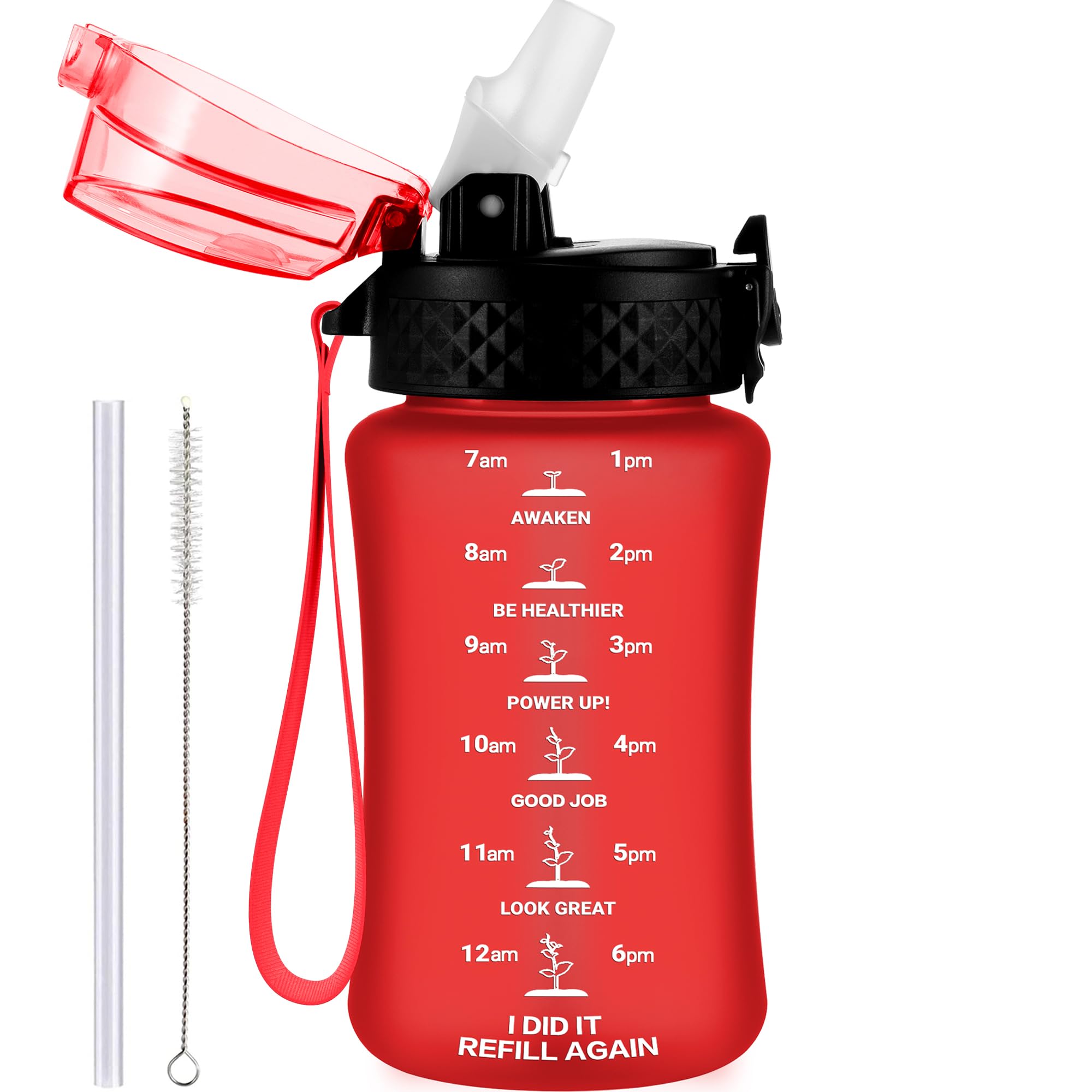 GOPPUS 350ml/12oz Kids Water Bottle With Straw Tritan Drinks Bottle with Strap Small Toddler Juice Bottles with Flip Top Lid Leakproof Children's Cup with Time Marking BPA free Girl Boy (Pure Red)