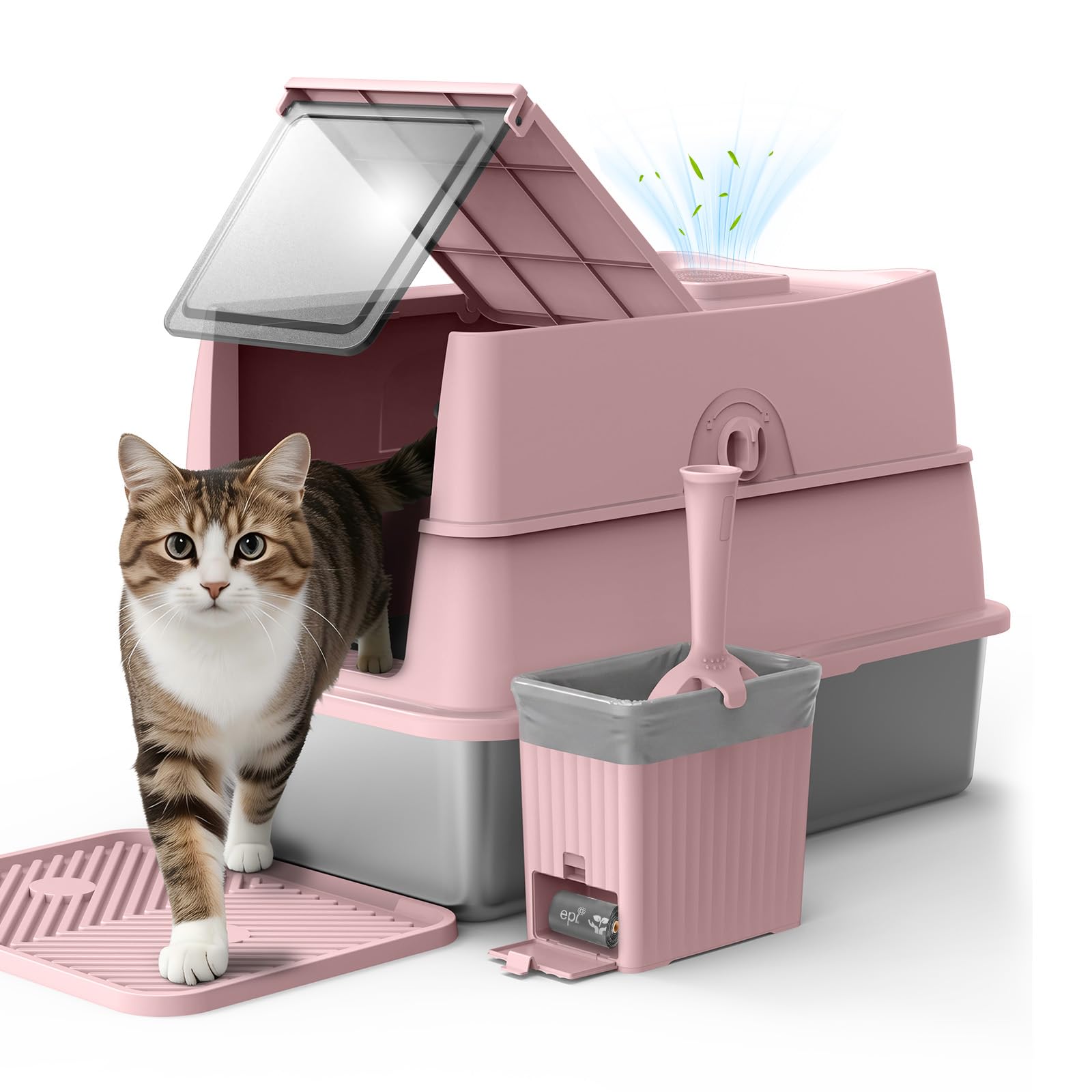 FURTIME XXL Stainless Steel Cat Litter Tray with Lid(3-in-1), Cat Litter Box High Sided, 58cm Enclosed Metal Extra Large Litter Tray for Big Cat, with Scoop, Storage Box and Mat, 58x38x38cm(Pink)