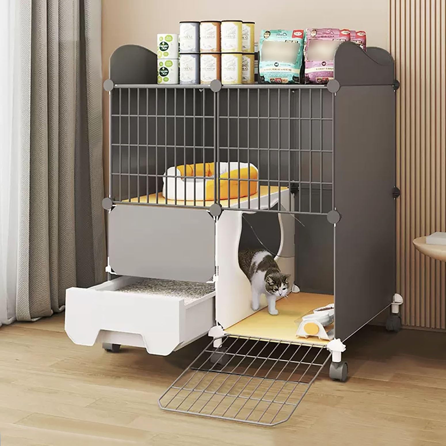Enclos pour Chat Intérieur avec Balcon, Roulettes, Bac à Litière, Espace D'extension et Nettoyage Facile (75x39x89 cm)