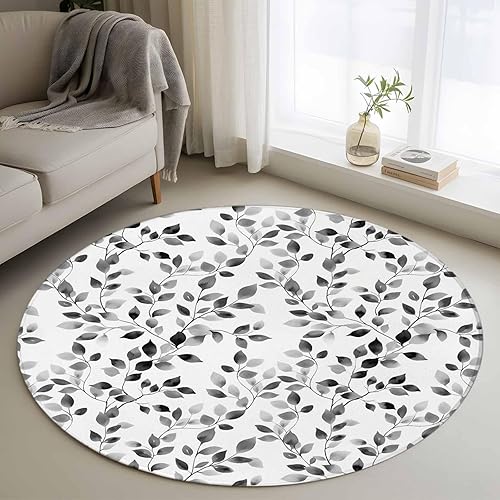 Miniatura 10 de Round Rugs 6ft, Gray Eucalyptus Leaves Non-Slip Area Rugs for Living Room Bedroom Entryway, Summer Botanical Watercolor Retro Washable Carpet Runner