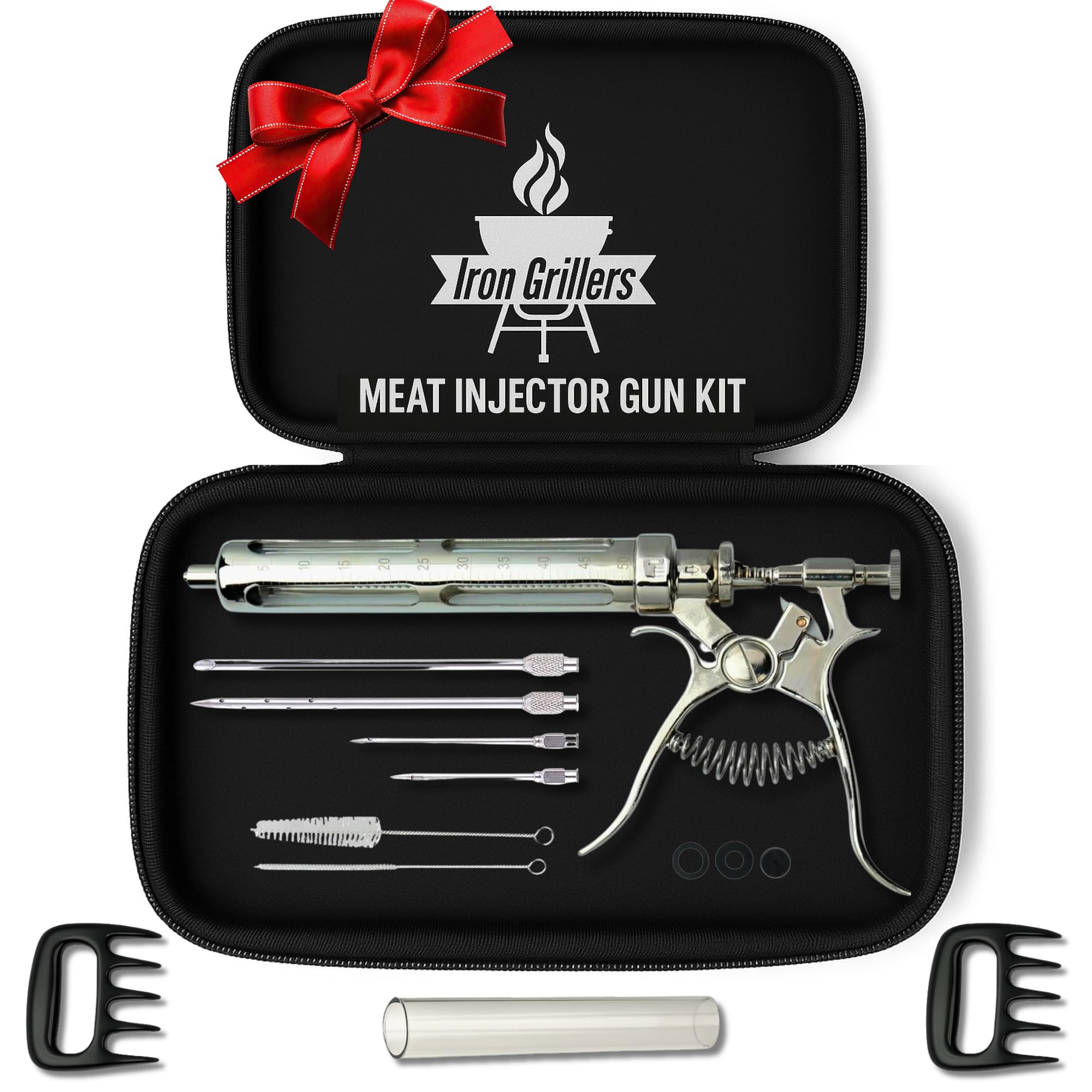 Professional Meat Injector Marinade Gun Kit for Smoking & Grilling Tender Brisket, Turkey, BBQ - Large 2 Oz Capacity with Metal Protective Case - No Leaks, Clogs or Mess + Meat Shredding Claws