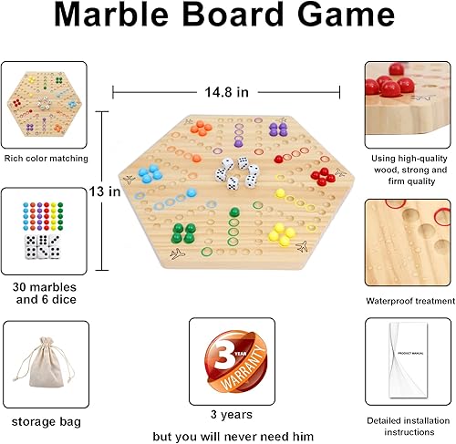 Miniatura 4 de HOROW Juego de mesa Wahoo de mármol original juego de mesa de madera pintado de doble cara para 6 y 4 jugadores 6 colores 24 canicas 6 dados para
