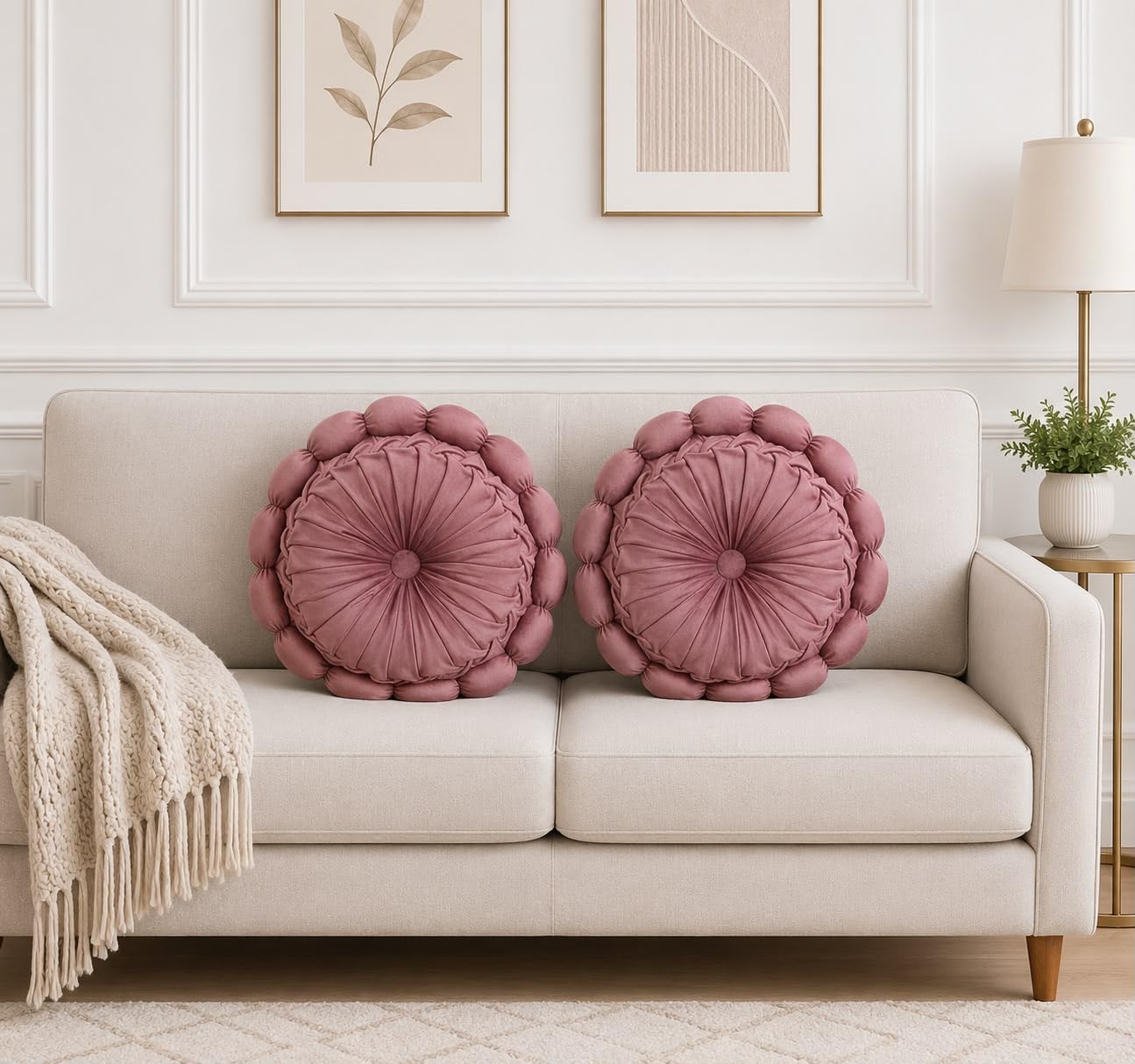 Amazing Round Decorative Cushion Cover Set of 2, 16x16 Inch, Elegant Smocked Floral Design Throw Pillows for Sofa, Couch, Bedroom & Living Room (Peach Pink)-picture-34