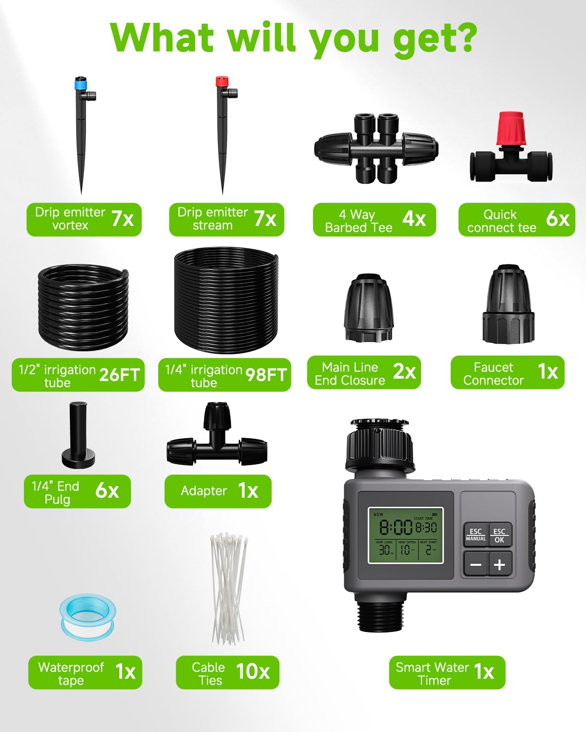 124FT Drip Irrigation System with LCD Timer, Automatic Watering System Kits,1/2 Inch Hose 1/4 Inch Distribution Tubing 3 Sprayer Types, for Garden, Greenhouse, Garden, Lawn
