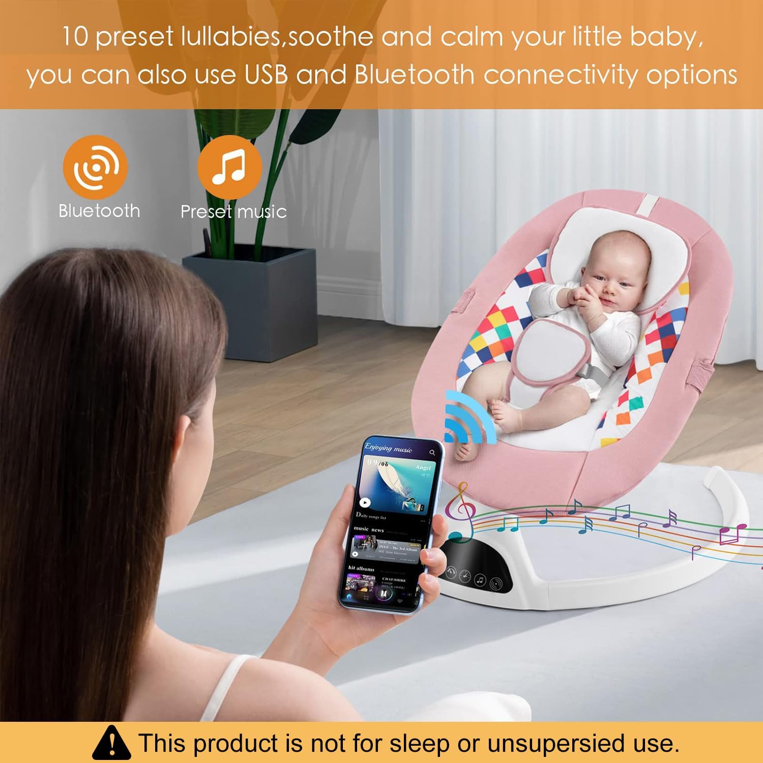 Soobaby Baby Swing for Infants,Electric Swing for Babies,Portable Swing for Baby Boy Girl,Remote Control Indoor Baby Rocker with 5 Sway Speeds,Music and Bluetooth,Light Pink