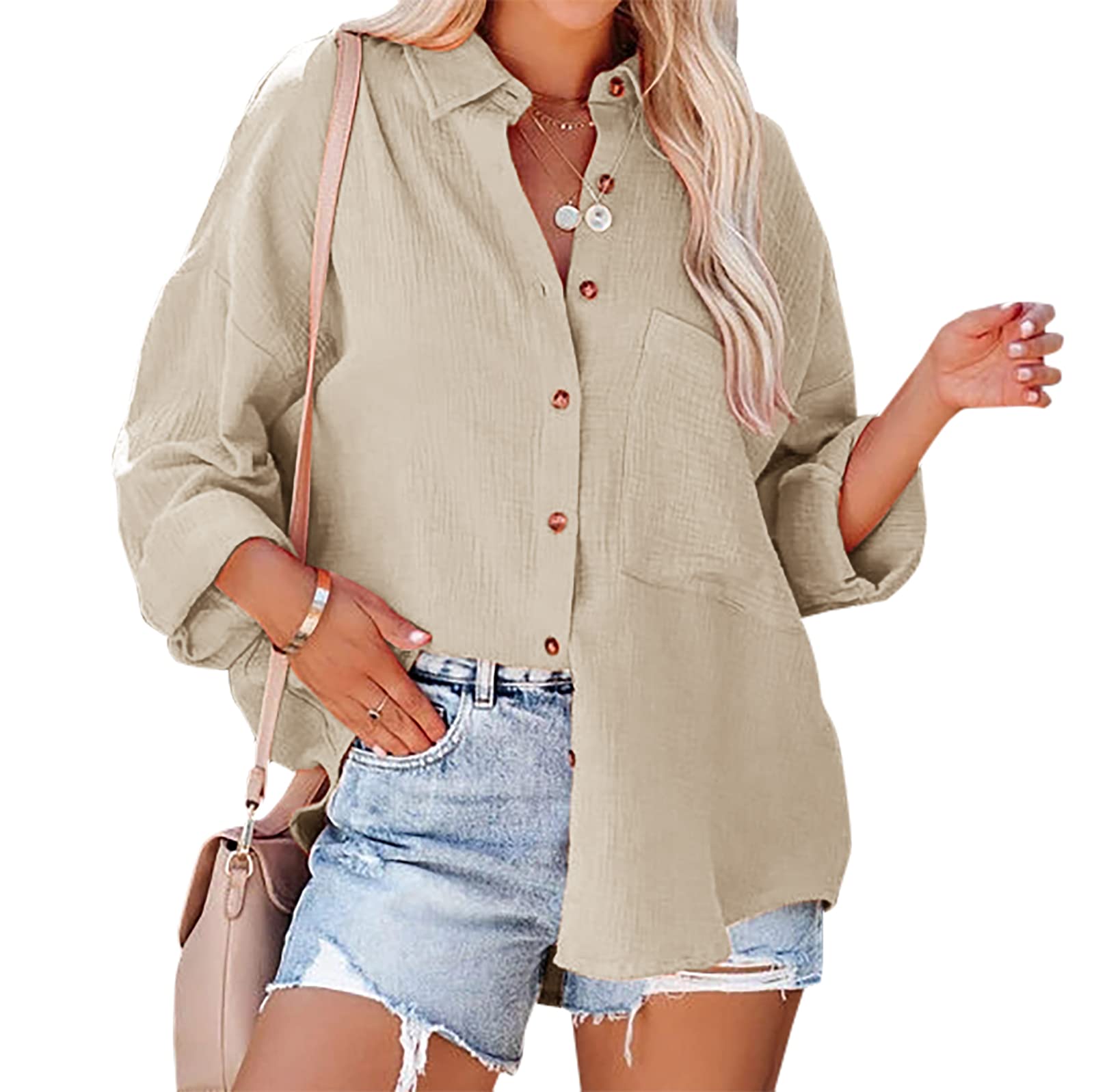 Womens Long Sleeve Button Down Shirts V Neck Collared Casual Blouses Oversized Tops with Bust Pocket