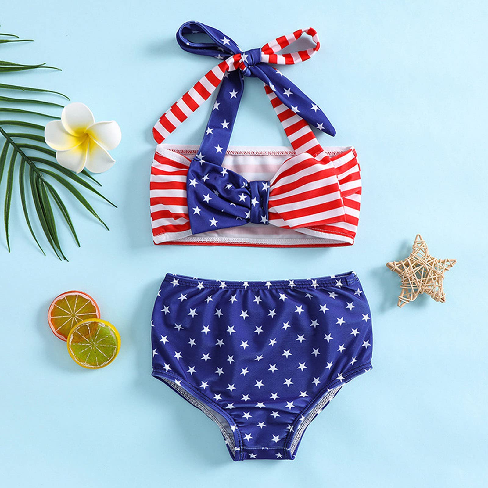 Summer Toddler Girls Bowknot Start Stripe Prints Two Piece Swimwear Swimsuit Bikini Set Girls Swim (Blue, 2-3 Years)