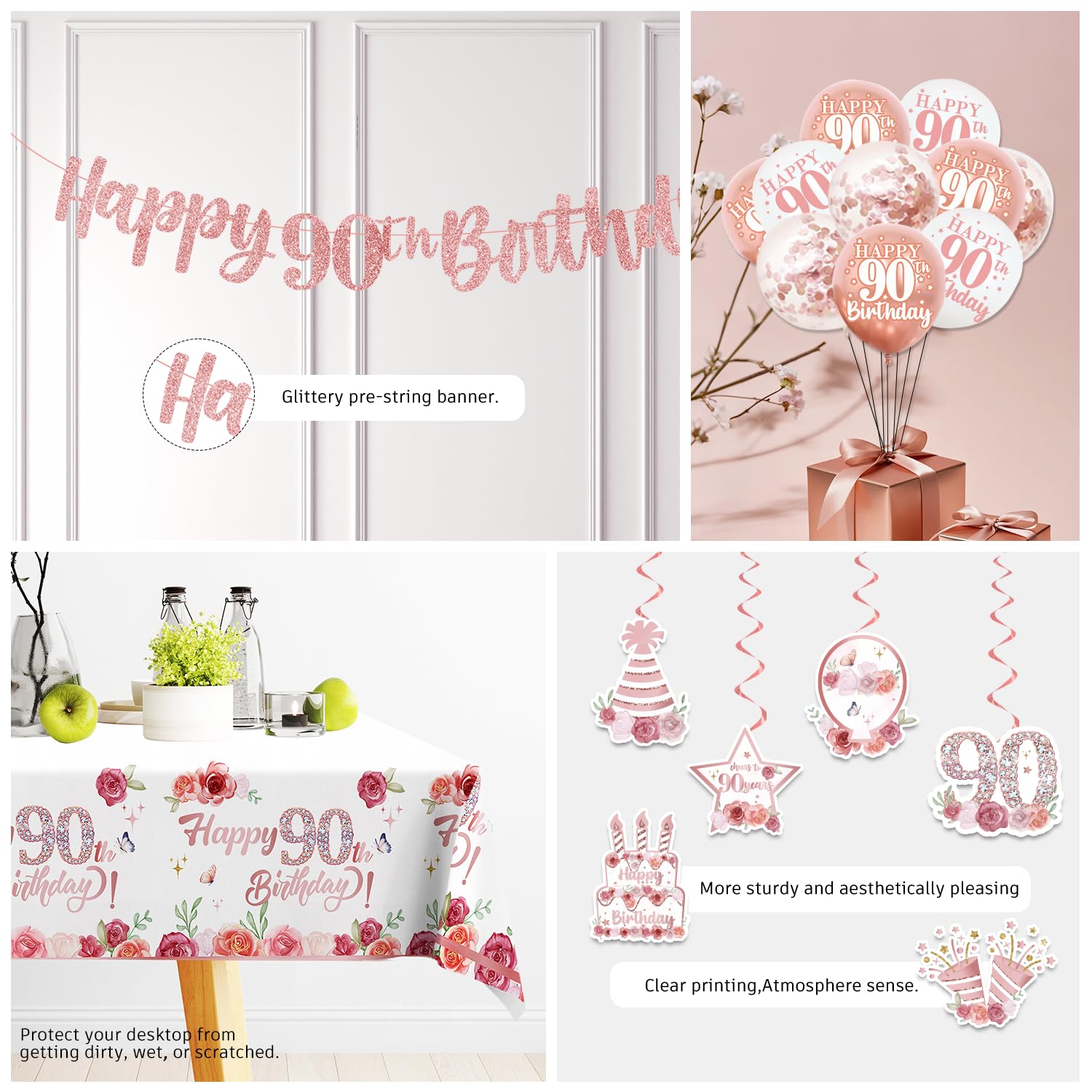 Juego de vajilla de 175 piezas de decoración de 90 cumpleaños para mujeres, decoraciones de 90 cumpleaños con juego de platos y servilletas de 90 cumpleaños, pancarta de oro rosa 90 para colgar,
