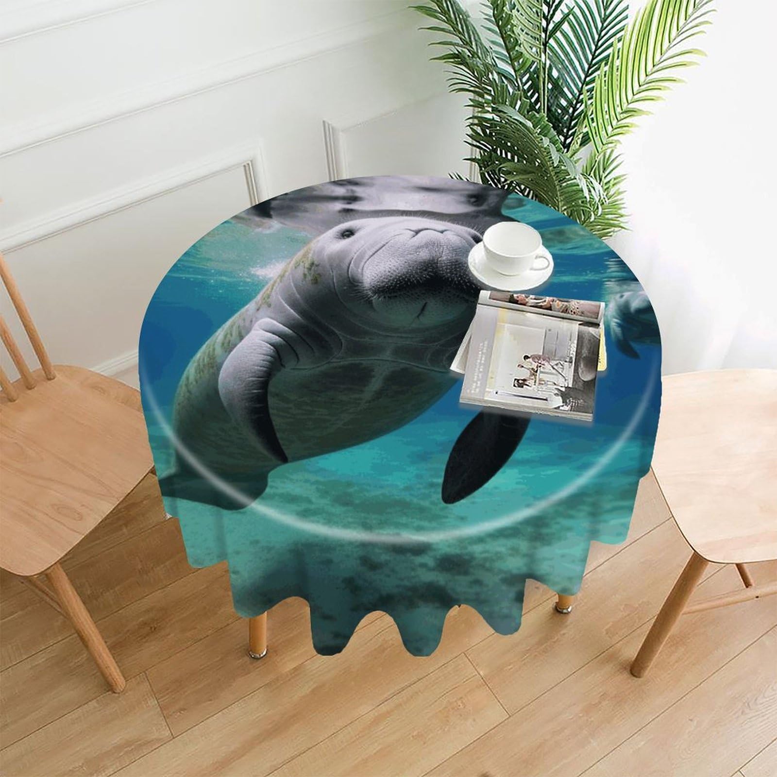 MUSM 60 Inch Ocean Animal Manatee Round Tablecloth Wipeable Washable Table Cover for Kitchen and Dining Room Decorative Table Cloth for Party Holiday Picnic Outdoor