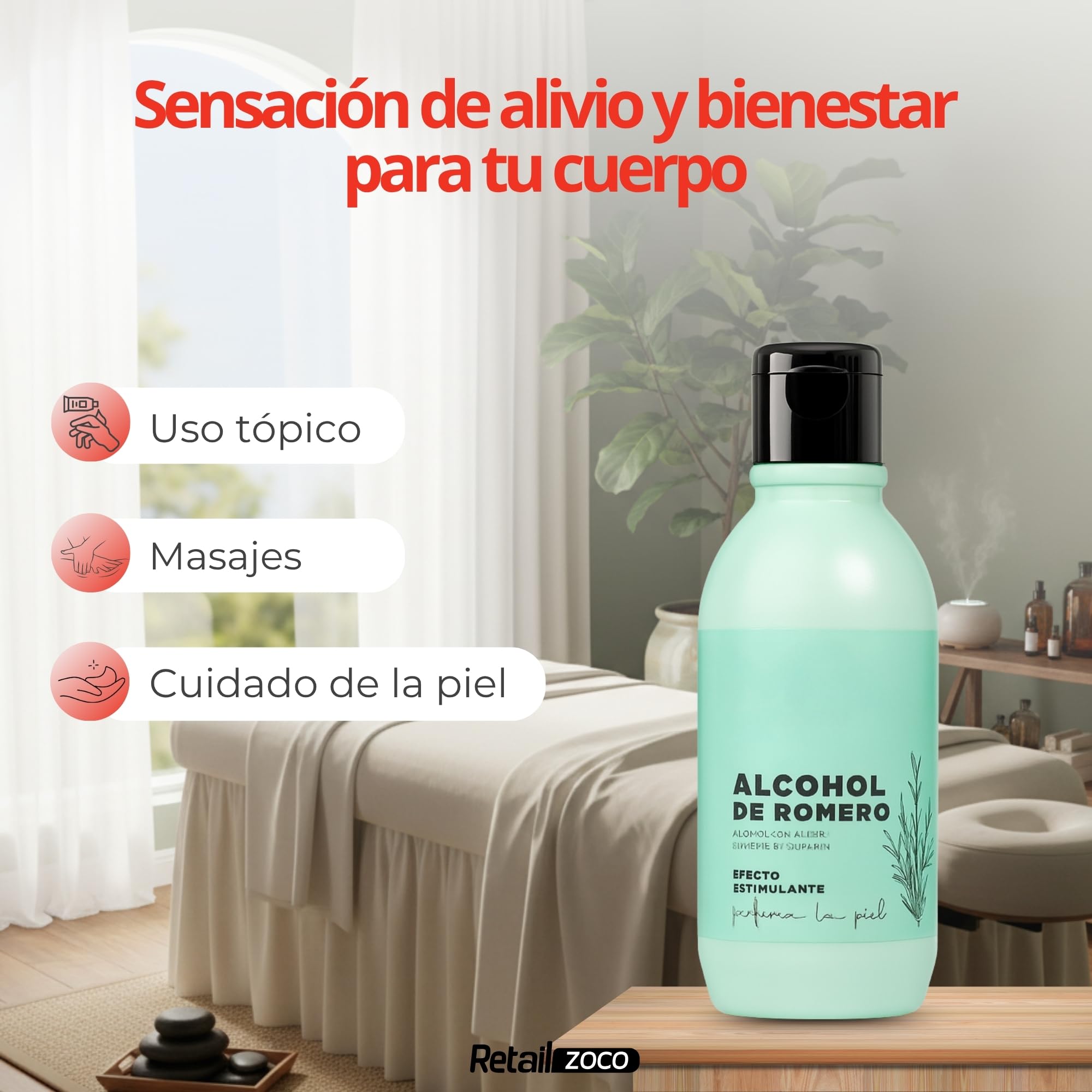 Alcohol de Romero, Ideal para friegas y masajes, Nutre y perfuma la piel, Solución Tópica Natural para Masaje, Efecto estimulante, 250 ml