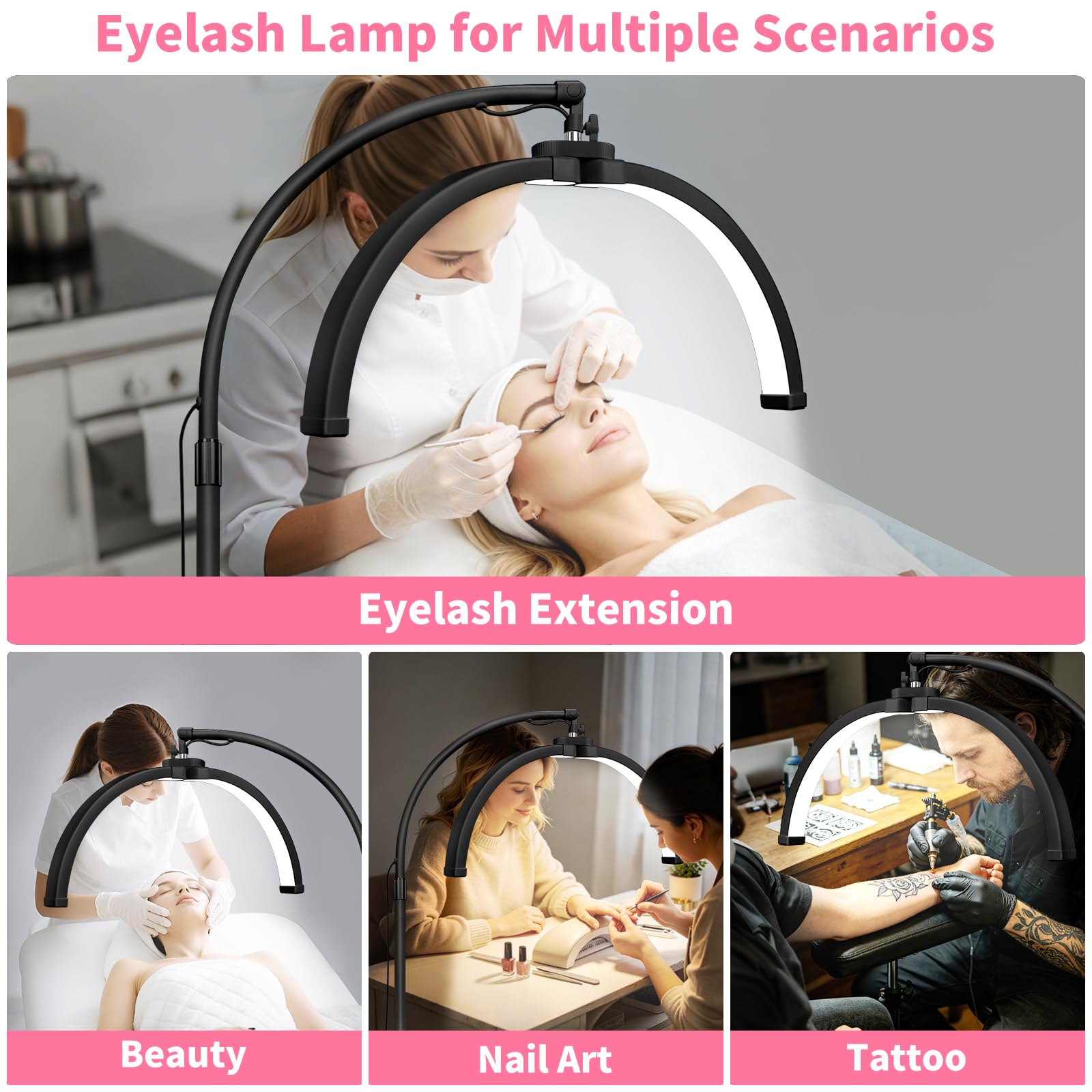 Lampe Extension de Cils Demi-lune Pliable LED avec Support de Téléphone 360° Rotative Luminosité et Hauteur Réglable Noir