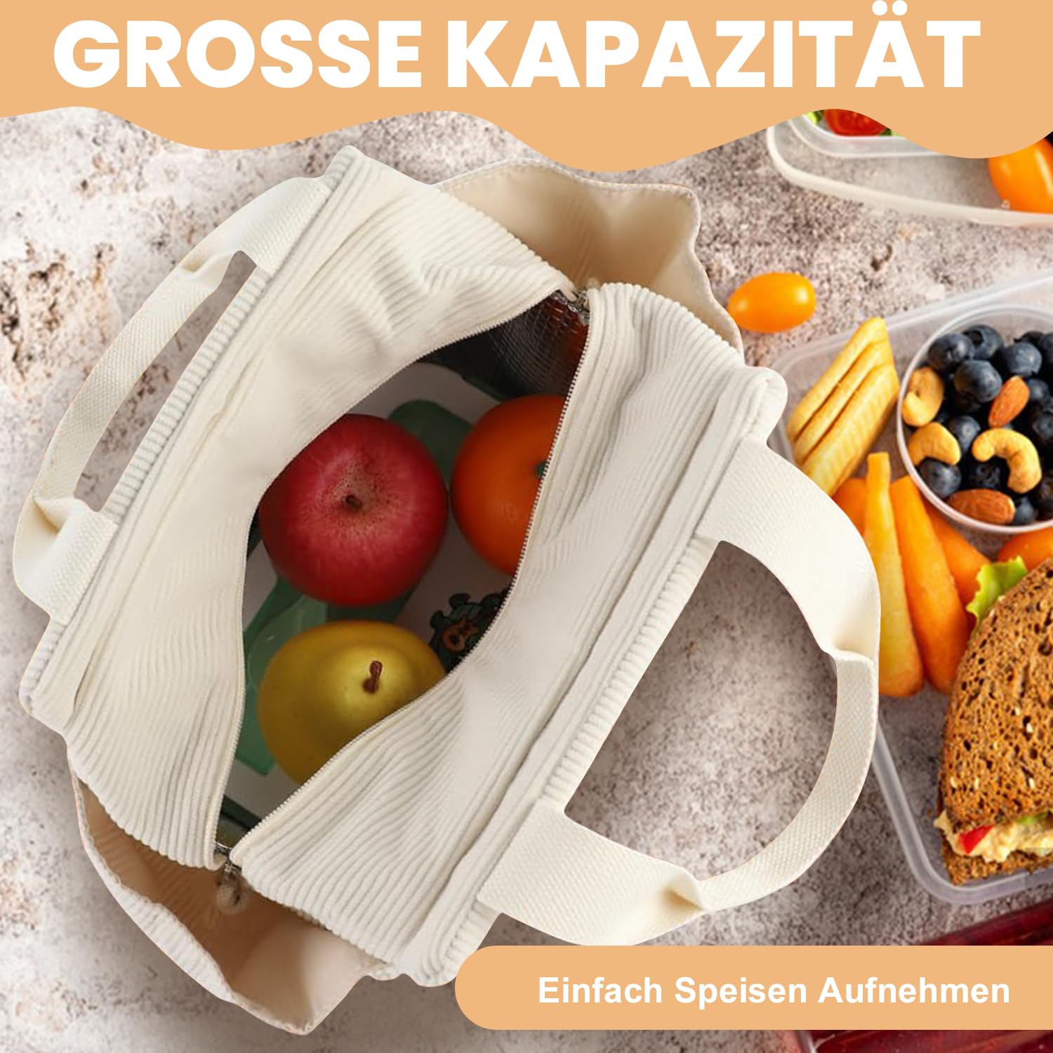 Lunchtasche Mit Erdbeermuster – Isolierte Mittagstasche Aus Cord, Wasserdicht, Ca. 26x13x23 Cm