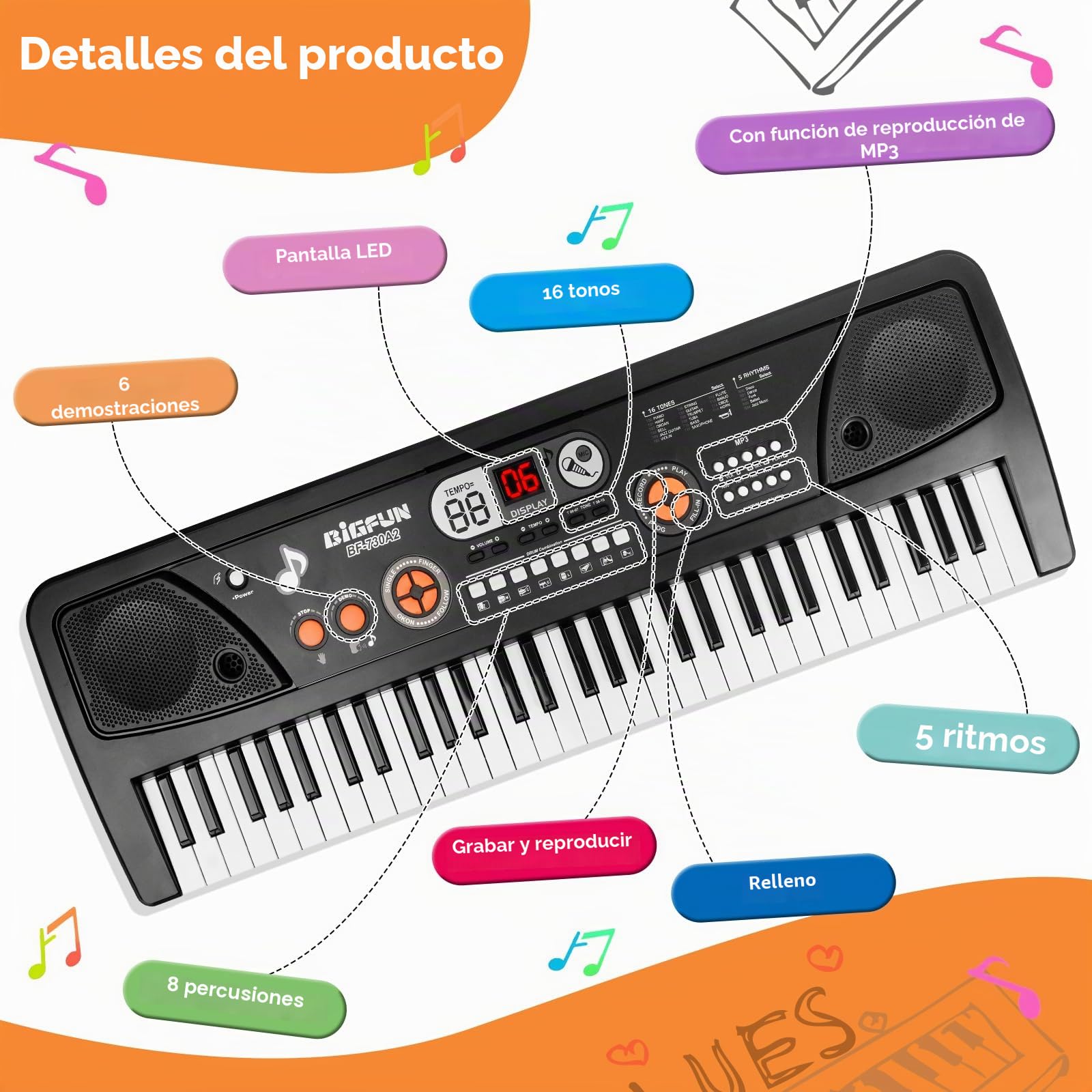 Piano Teclado para Niños 61 Teclas Piano Electrónico Portátil con Pantalla LCD y Micrófono Music Juguete para 3 4 5 6 7 8 Niños Niñas Regalo