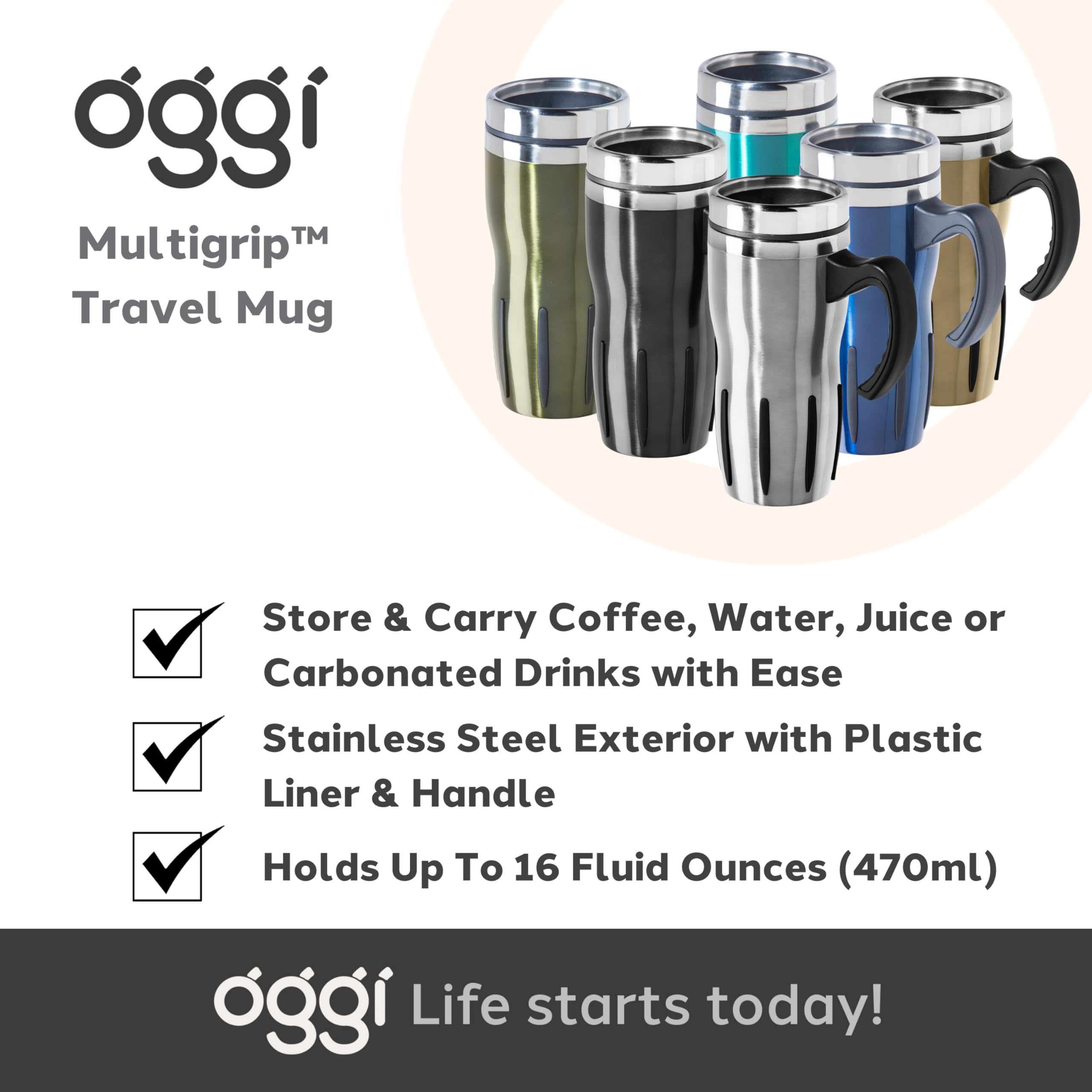 OGGI Mulitigrip Stainless Steel Thermal Travel Mug - 16oz, with slide open lid for hot and cold beverages.