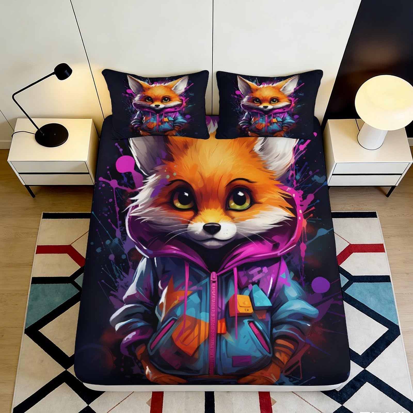 3D Printed Cartoon Fox Fitted Sheet Microfiber Vibrant Graffiti Bed Cover for Bedroom Dorm Mattress Decor 90x200x25cm