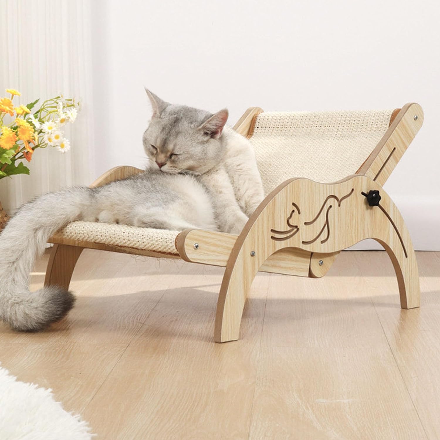سرير خشبي للقطط من بابوريتش، ارجوحة للقطط قابلة للتعديل مع وسادة من السيزال، كرسي شاطئ صغير للقطط والجراء والحيوانات الاليفة الصغيرة الاخرى (تصميم سيزال)