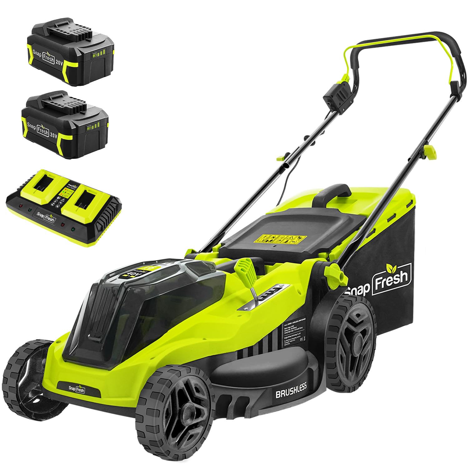 SnapFresh Cortacésped a batería inalámbrico (40V, 38cm Ancho de Corte, Brushless, 45L Bolsa recolectora, 25-75 mm Altura de Corte, con 2 x 20V x 4,0 Ah batería y Cargador)