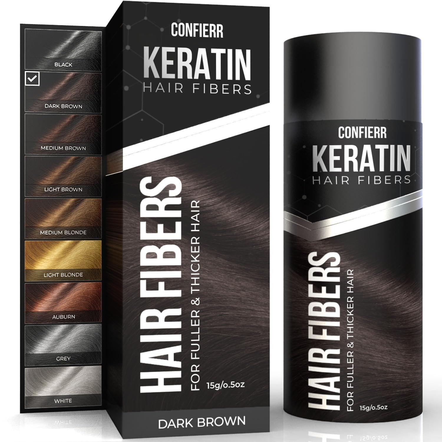 CONFIERR Keratin Hair Fibers for Men & Women - Fill In Fine or Thinning Hair, Instantly Thicker, Fuller Looking Hair (Dark Brown 15g)