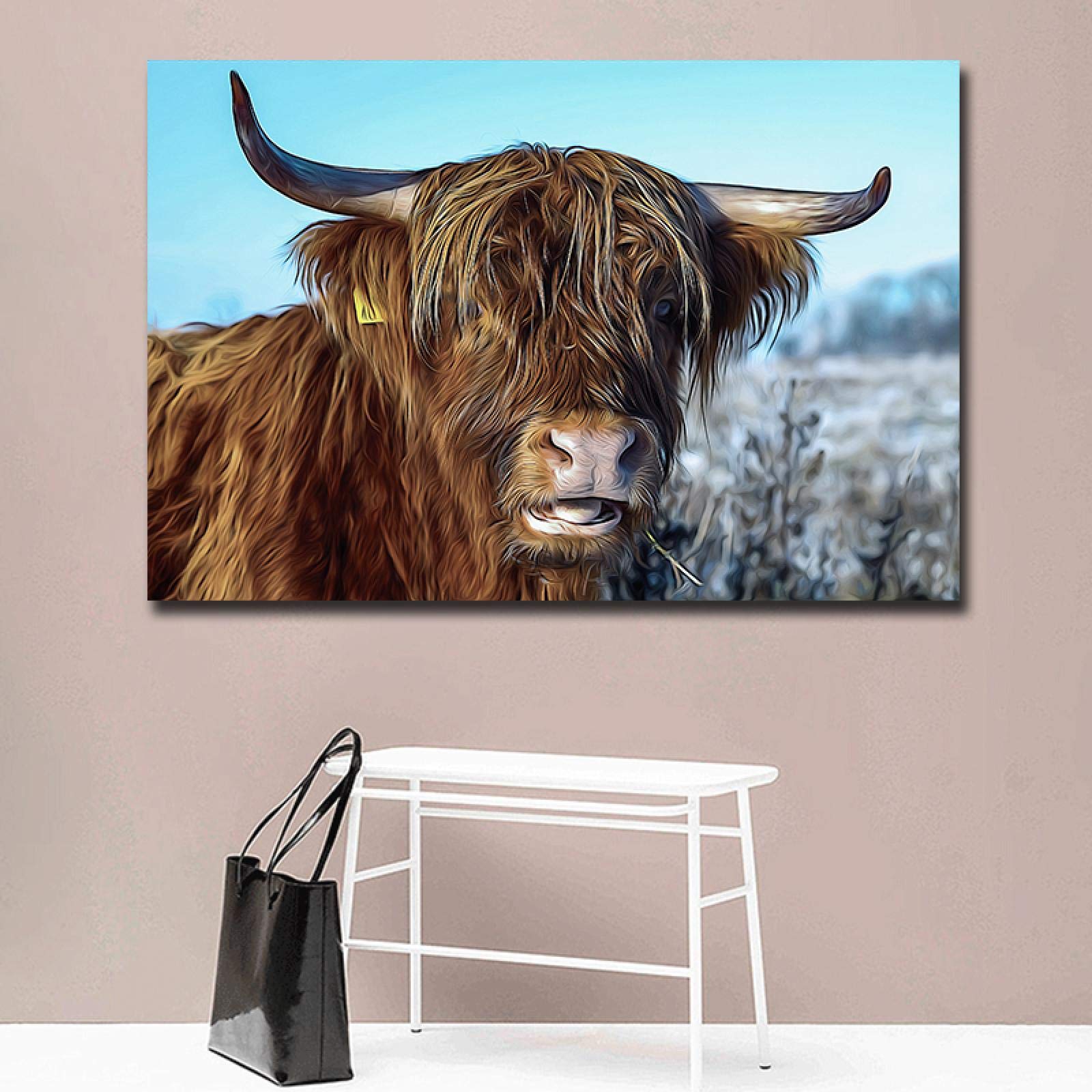 Yooyu Arte de la pared de la vaca Enmarcado Pintura abstracta de la lona Minimalismo Estampados de vacas peludas Cartel de toro imprimible animal para la sala de estar 80x140cm (31x55in) con marco