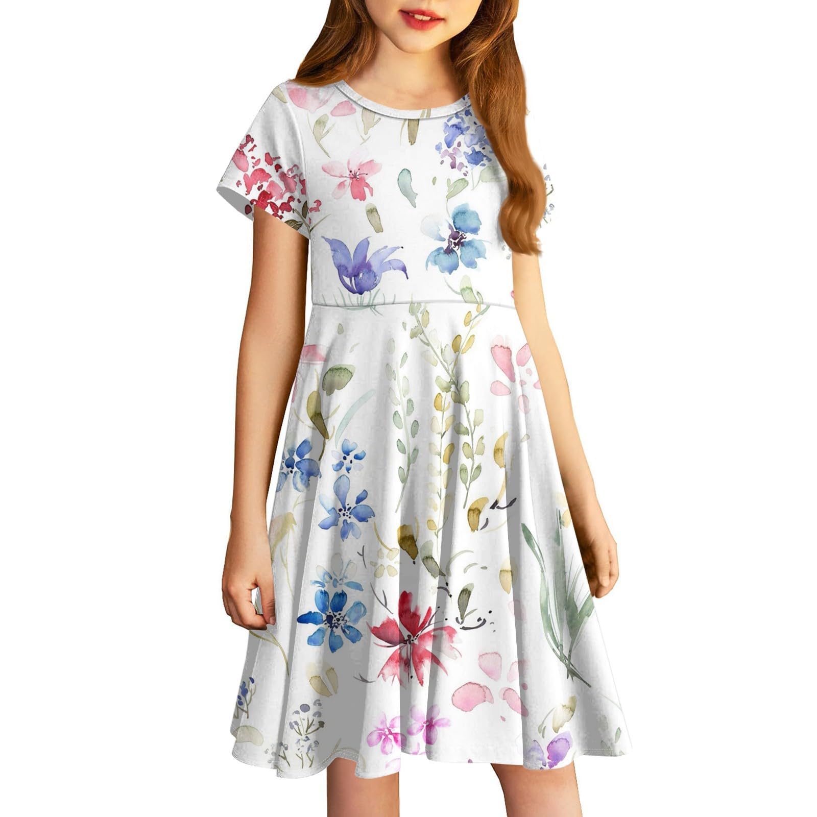 VBGHZXJL Girls' Floral A-Line Dress Short Sleeve Casual Sundress Holiday Swing Summer Dress