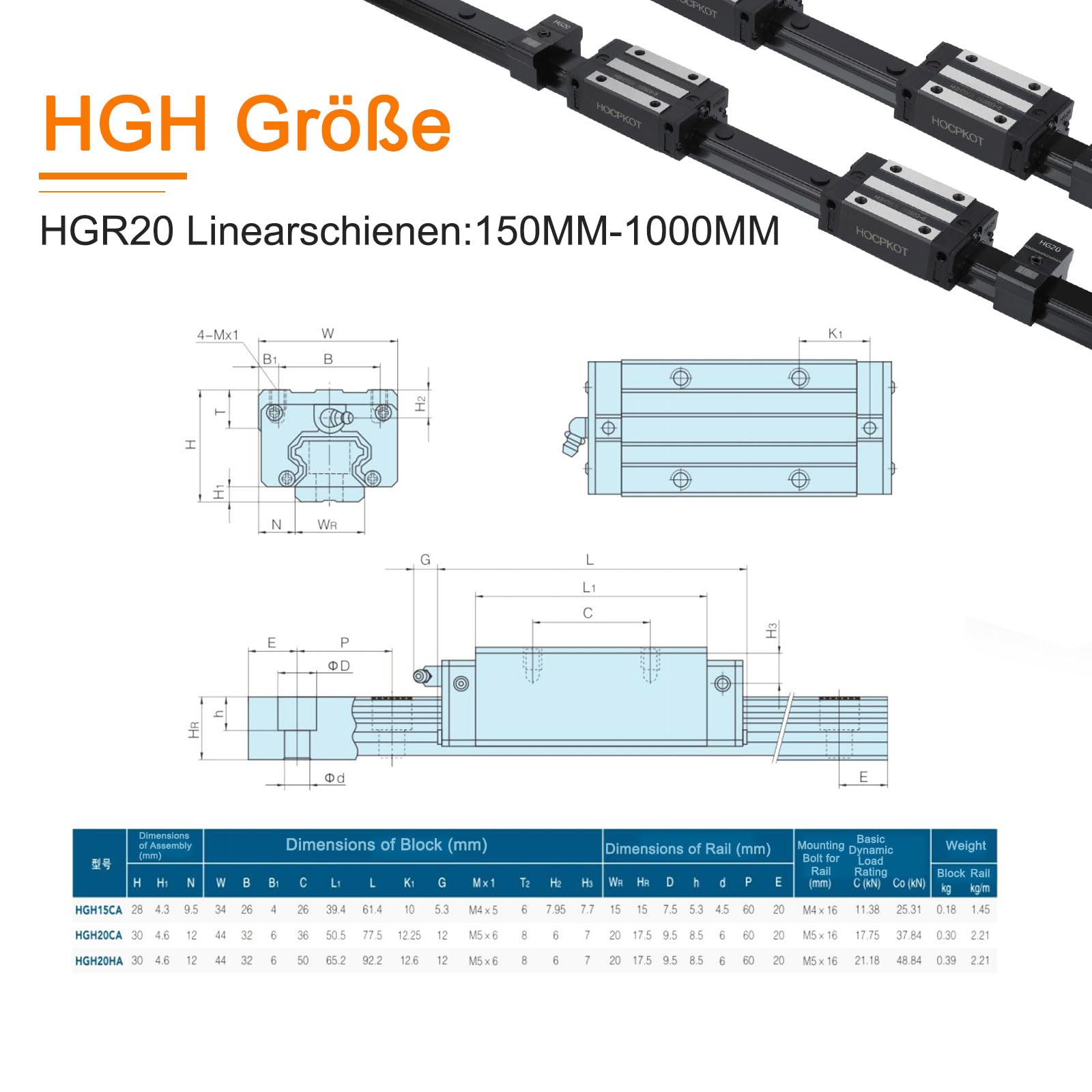 HGR20 Kit de guidage linéaire de 400 mm, 2 rails linéaires de 400 mm et 4 blocs coulissants HGH20CA