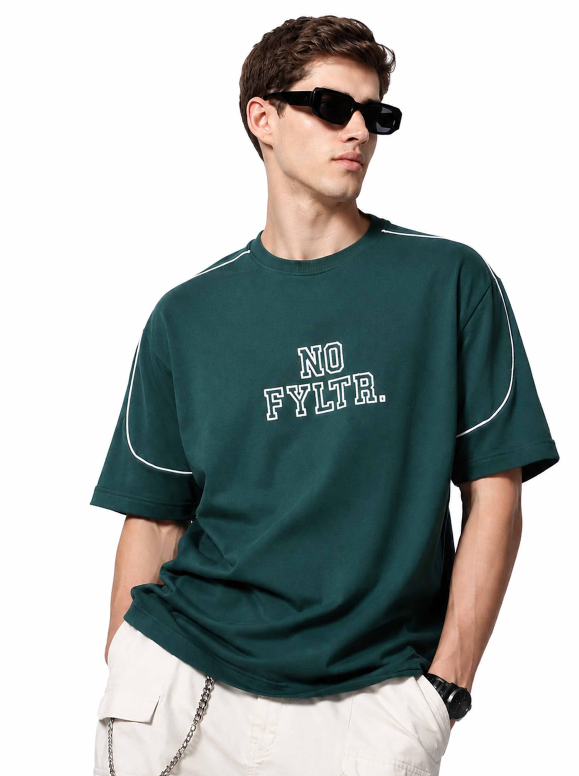 Men’s Casual Embroidered Solid T-Shirt for Men – Crew Neck | Drop Shoulder | Half Sleeve | Oversized Fit | Casualwear for Men | High GSM Fabric | French Terry | Contrast Piping Detail-image-1