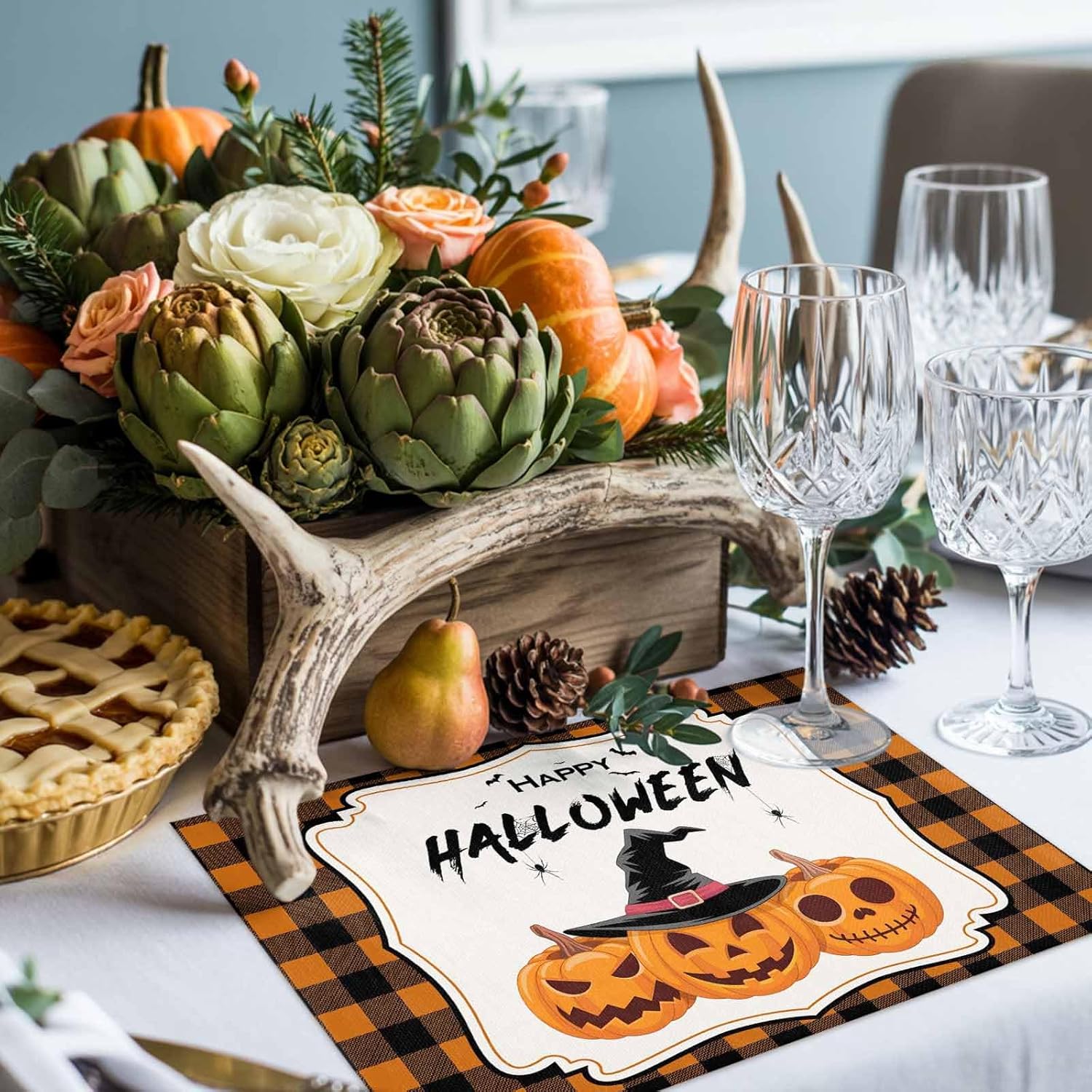 LooPoP Placemats Set of 4 Washable,Wicked Pumpkin Orange Placemat for Dining Table Decorations, Heat-Proof Table Mats for Kitchen Dinner Banquet Halloween Buffalo Check