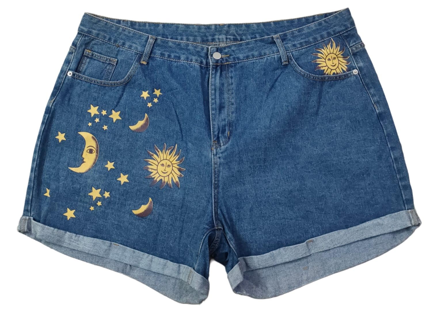 happening Plus Size Women Non Stretch Printed Denim Regular Shorts with Folded Bottom - Length 17 inch - HIGH Rise - Vintage Blue Color - Waist Size (6XL) 44 to (7XL) 46 inch-picture-25