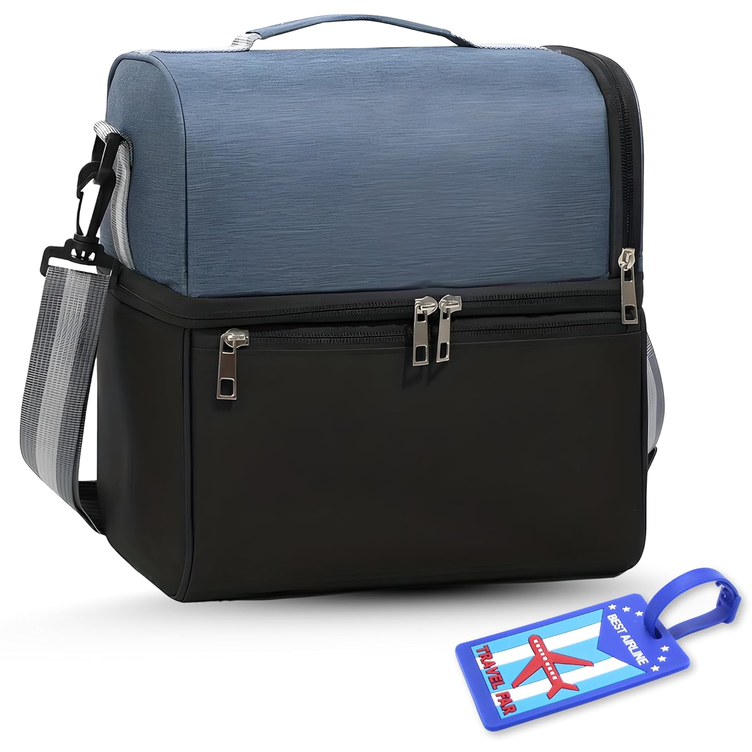 2 Compartment Insulated Lunch Bag with Luggage Tag, Tiffin Bag for Office with Handle and Shoulder Strap for Men and Women – 28 x 25 x 18 cm – Navy Blue 2 Compartment Insulated Lunch Bag with Luggage Tag, Tiffin Bag for Office with Handle and Shoulder Strap for Men and Women – 28 x 25 x 18 cm – Navy Blue