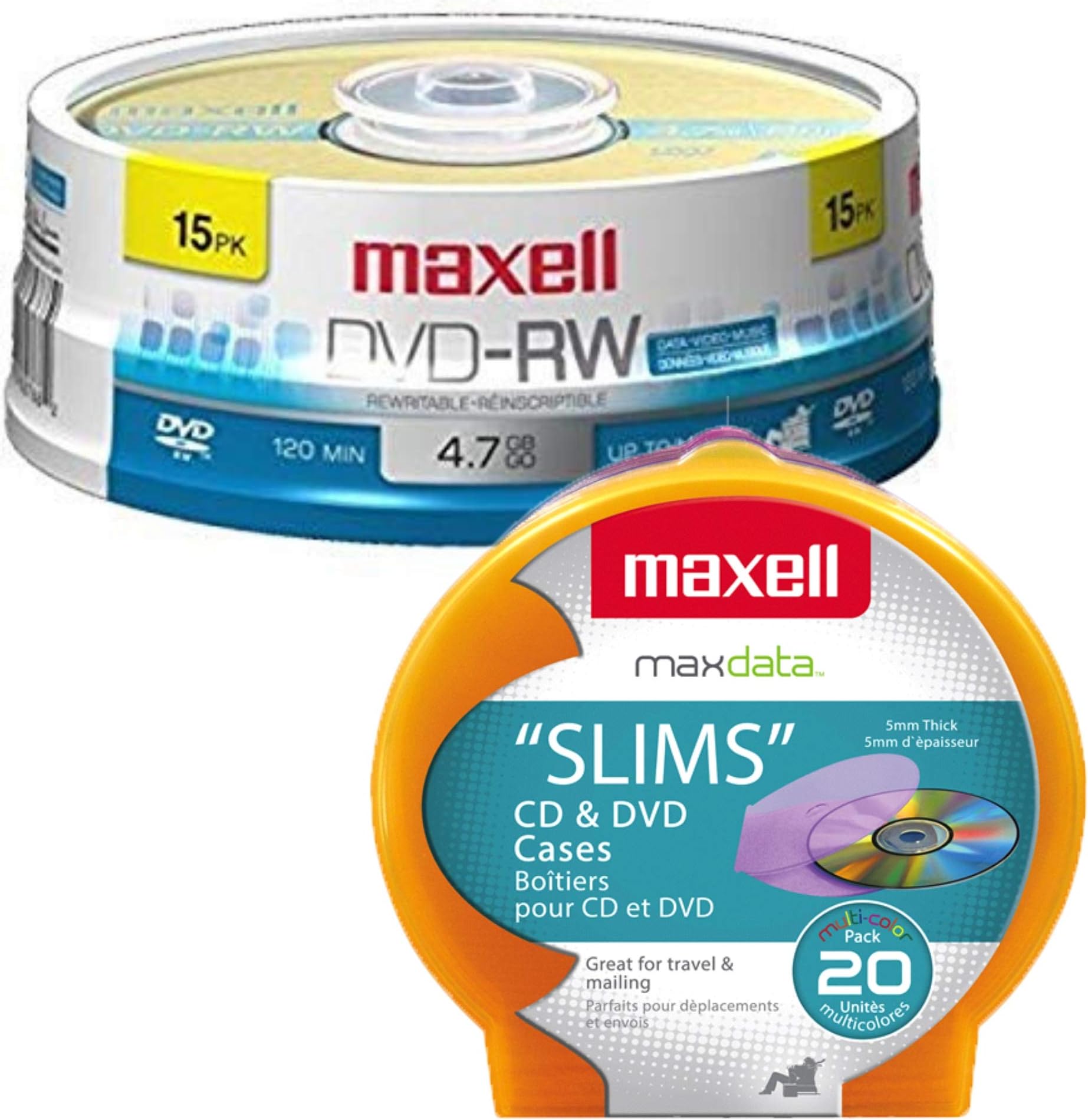 Maxell 4.7Gb DVD-RW 15 Pack Blank Discs and Maxell Disc Cases 20 Pack Assorted Colors Bundle