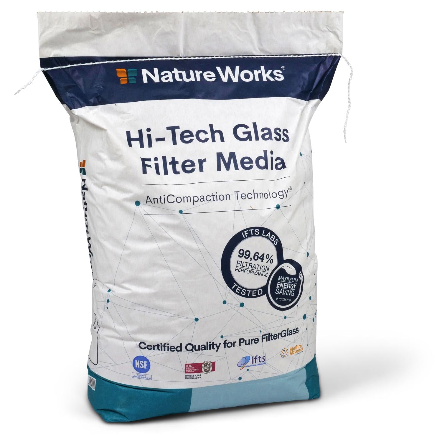 Nature Works Hi-Tech Filterglas 0,6-1,2 mm - 20 Kg Premium Filtermedium für Pool Teich und Trinkwasser - 99,64% Filtrationsleistung - Anti-Compaction Technology®