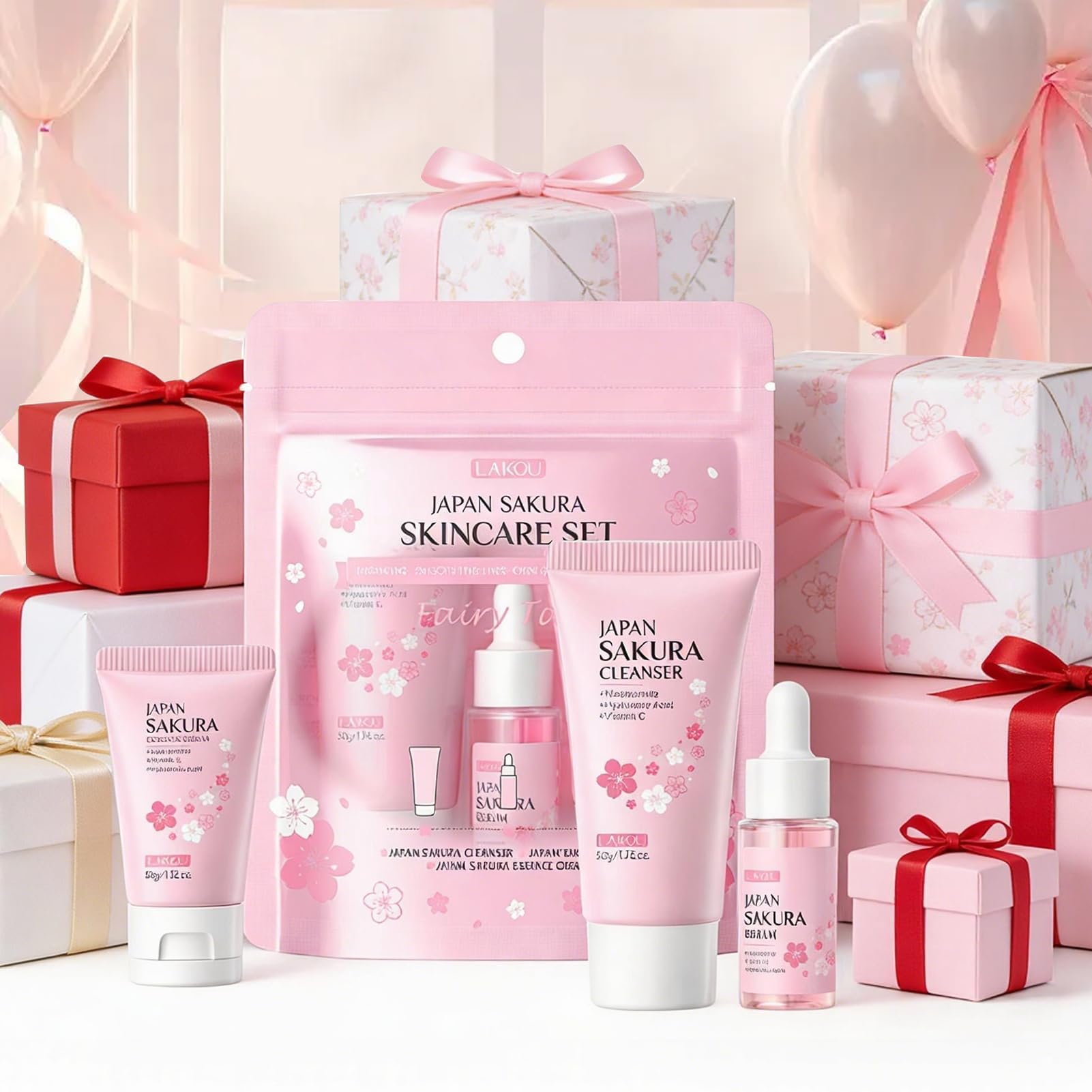 Sakura Ensemble de Soins de la Peau, Trousse de voyage avec Crème Nettoyante, Toner, Sérum, Set de Soins Hydratants, Coffret Cadeau de Soins de la Peau pour Adolescentes et Femmes