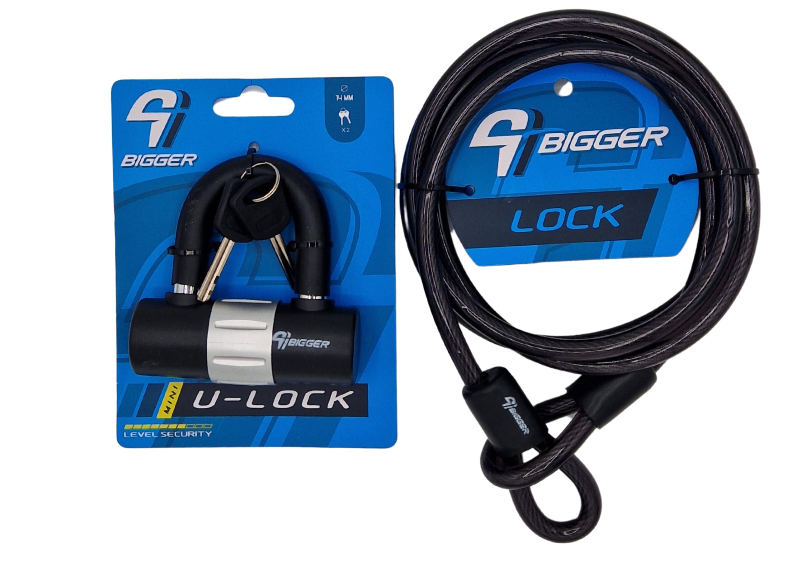 Bigger U Lock Mini 14 mm x 100 mm x 112 mm + Cable de Acero 10 mm x 1800 mm de Largo - Acero Resistente - Protección Plástica - 2 Llaves - Liviana Solo 850 grs - Negro con Detalles en Gris