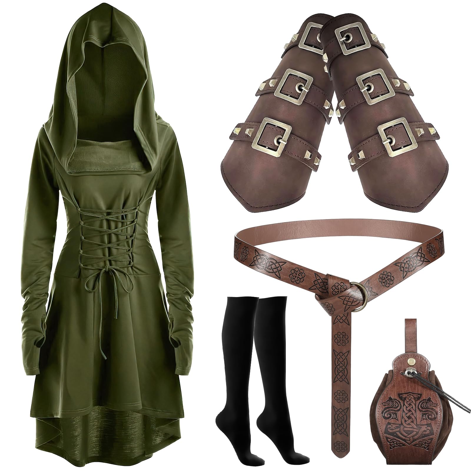 HFZCV 5 Pcs Mardi Gras Renaissance Women Costume Medieval Hooded Robe Vintage Faux Leather Arm Pouch Belt for cosplay, Halloween (XXL)