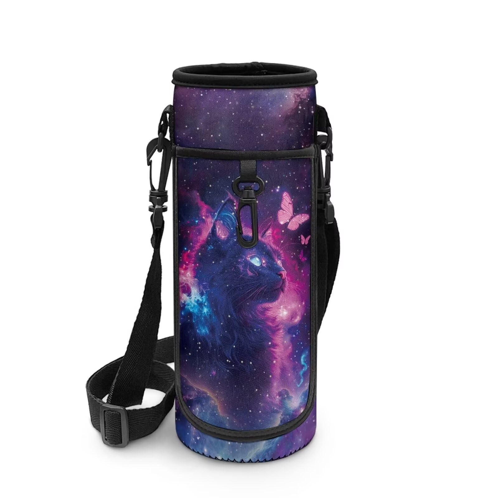 POLERO Black Cat Water Bottle Sleeve for Girls Galaxy Butterfly Water Bottle Holder Adjustable Shoulder Strap Carrier Bag