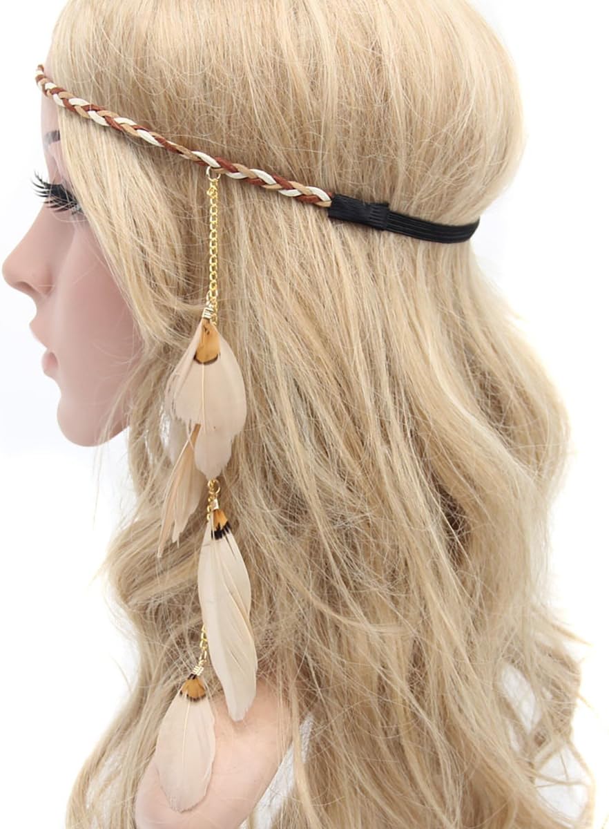Women Lady Bohemian Tassels Hairband Headwear Hippie Feather Headband Hoop Handmade Indian Fascinator Hair Bands Headdress Accessories (khaki)