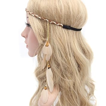 Fodattm Women Lady Bohemian Tassels Hairband Headwear Hippie Feather Headband Hoop Handmade Indian Fascinator Hair Bands Headdress Accessories khaki