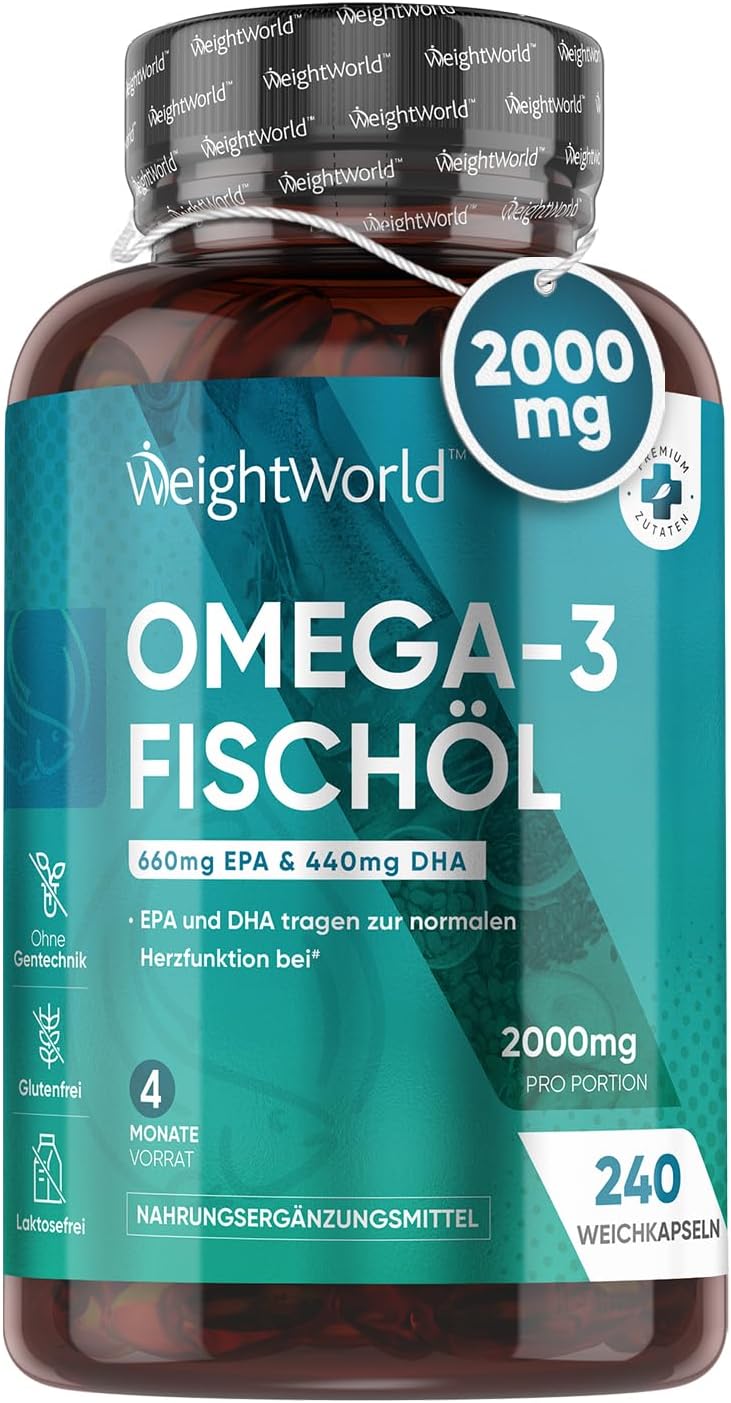 Omega 3 Kapseln - 2000mg Fischöl mit 1100mg Omega-3, 660mg EPA & 440mg ...