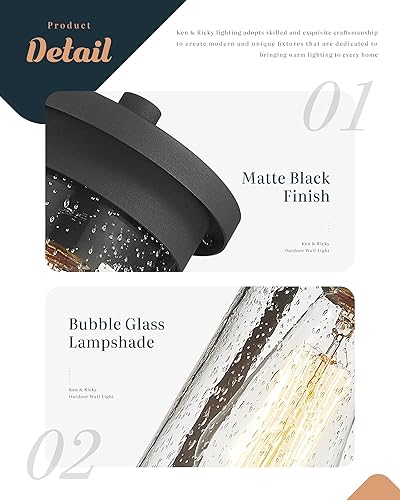 Miniatura 4 de Ken & Ricky Lámpara de pared para exteriores, lámpara exterior negra, moderna lámpara de pared al aire libre con vidrio sembrado para porche, patio,