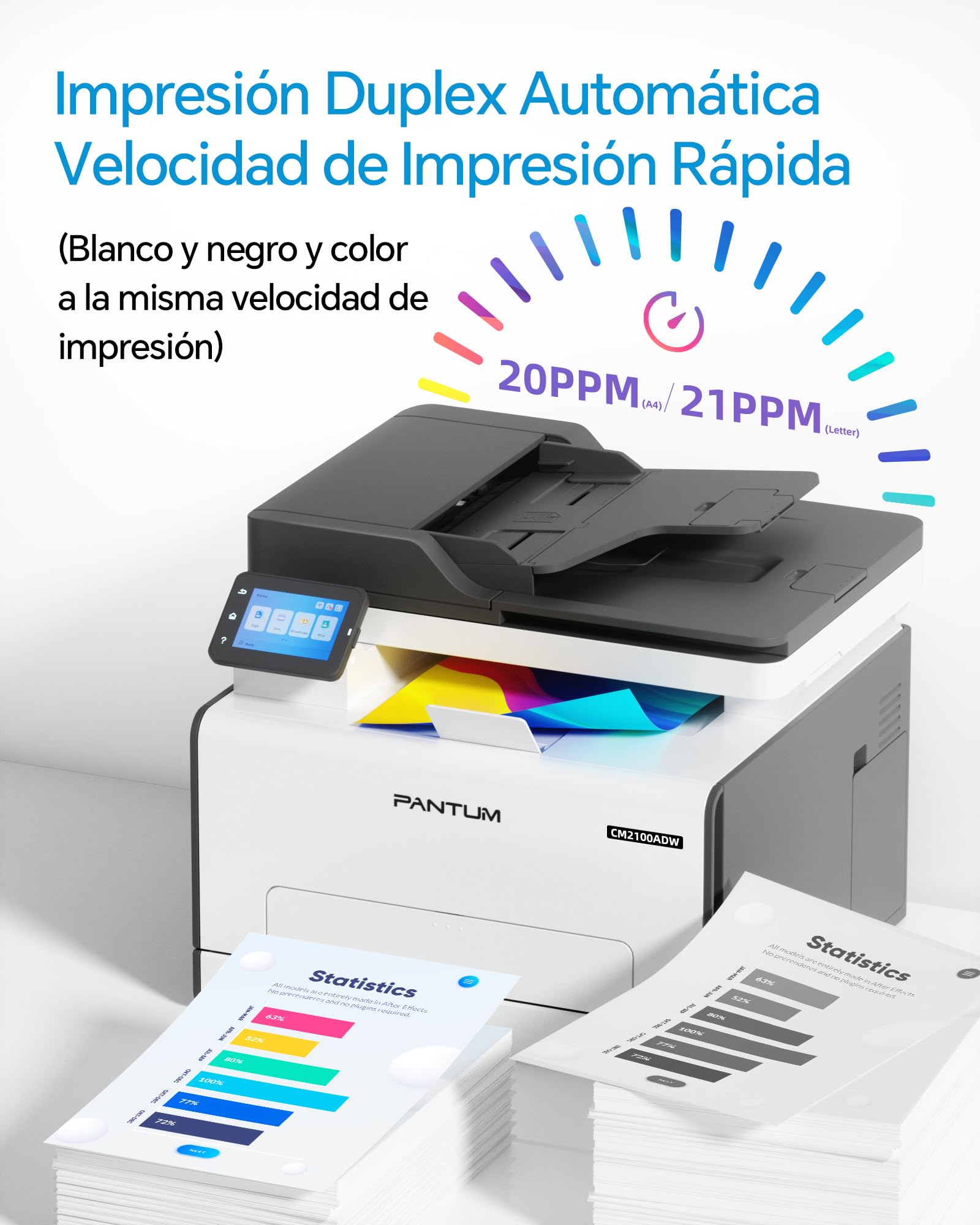 PANTUM CM2100ADW Impresora Laser Color Multifunción con WiFi, Impresión Automática a Doble Cara(20ppm, ADF, Wi-Fi Direct, Ethernet, USB), Tóner Original Incluido
