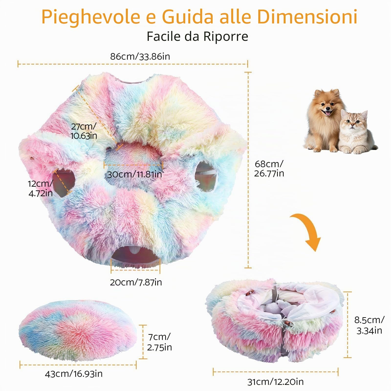 Tunnel per Gatti 3 in 1 Modulare con Letto Morbido Lavabile, Gioco Interattivo con Fori e Palline, Peluche Morbido per Gatti, Conigli e Cani Piccoli, Animali, Colorato