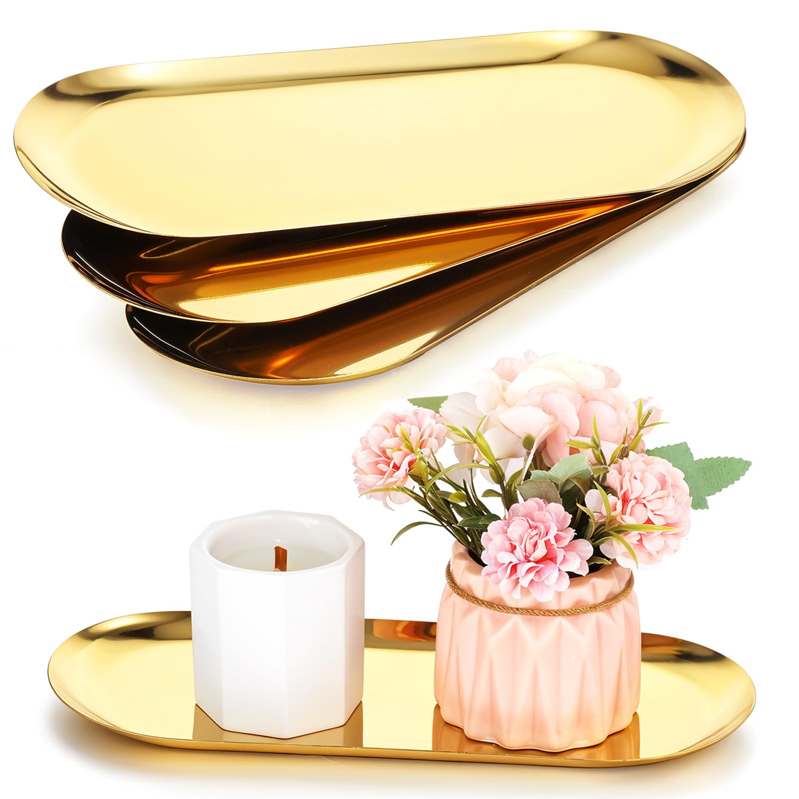 4 Pcs Gold Decorative Tray, Bathroom Vanity Tray for Dresser Counter, Kitchen Sink Tray for Soap Dispensers, Stainless Steel Jewelry Tray, Perfume Ring Key Candle Organizer Tray, Oval (Gold)