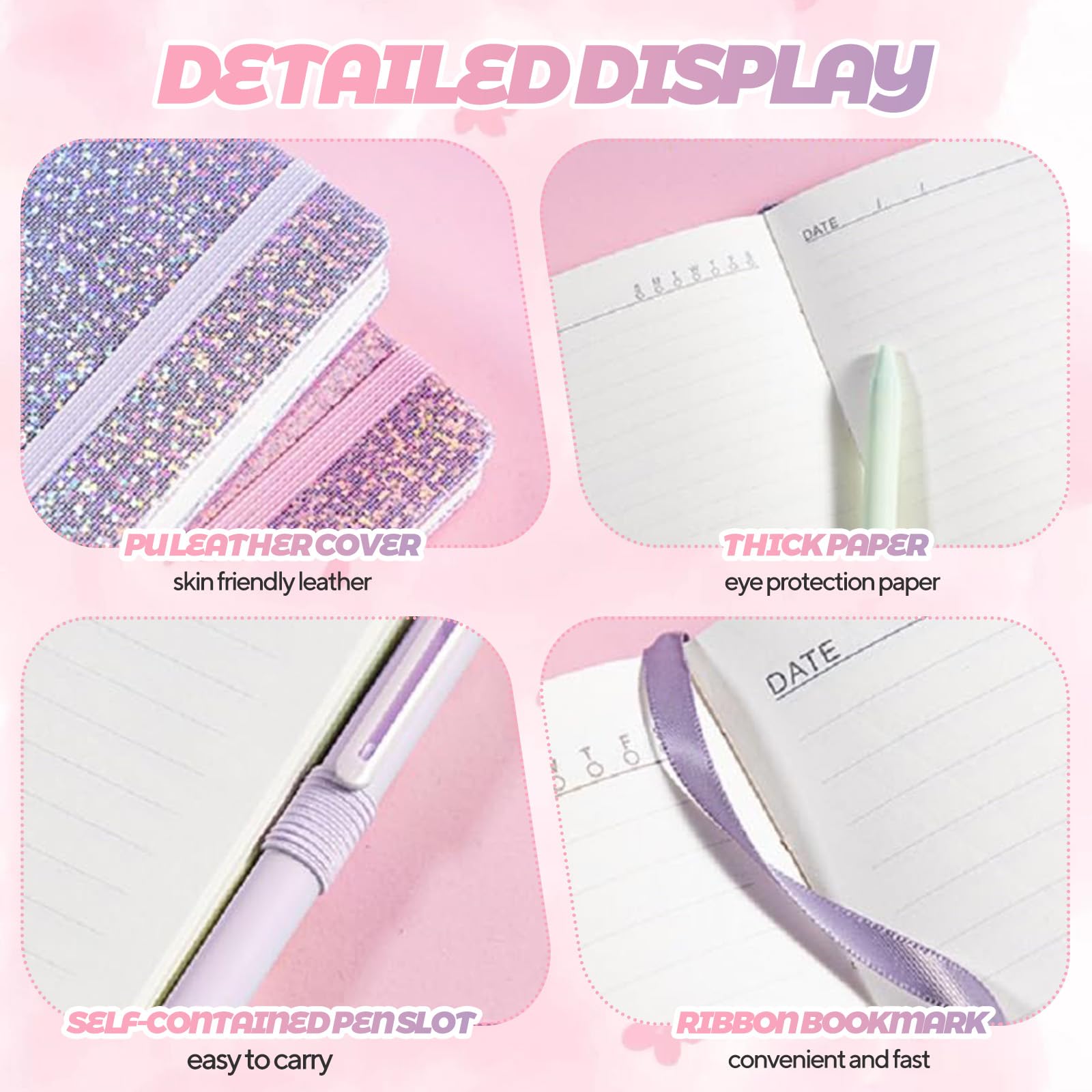 SIMDAO 2 Pack Glitter A5 Pink Notebook, PU Leather Hardcover, 2 Notepad with Elastic Band & 2 Pen, Valentine's Day Gifts for Girls Women, Girls Diary, Heart Shaped Lined Journal for School Work Note - Image 3