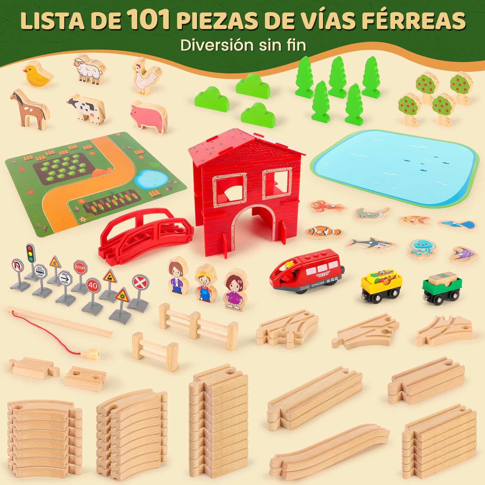 Juego de Tren de Madera, 100 Piezas Tren Madera Juguete, Granja Juguete Donde se Puede Pescar con Estanque, Granja, Animalitos Cumpleaños y Navidad para 4 5 6 7 8 Niños