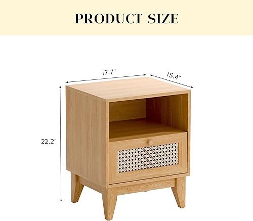 Miniatura 23 de Betterhood Juego de 2 mesitas de noche de ratán, juego de 2 mesitas de noche para dormitorio, mesita de noche bohemia, mesita de noche de madera con
