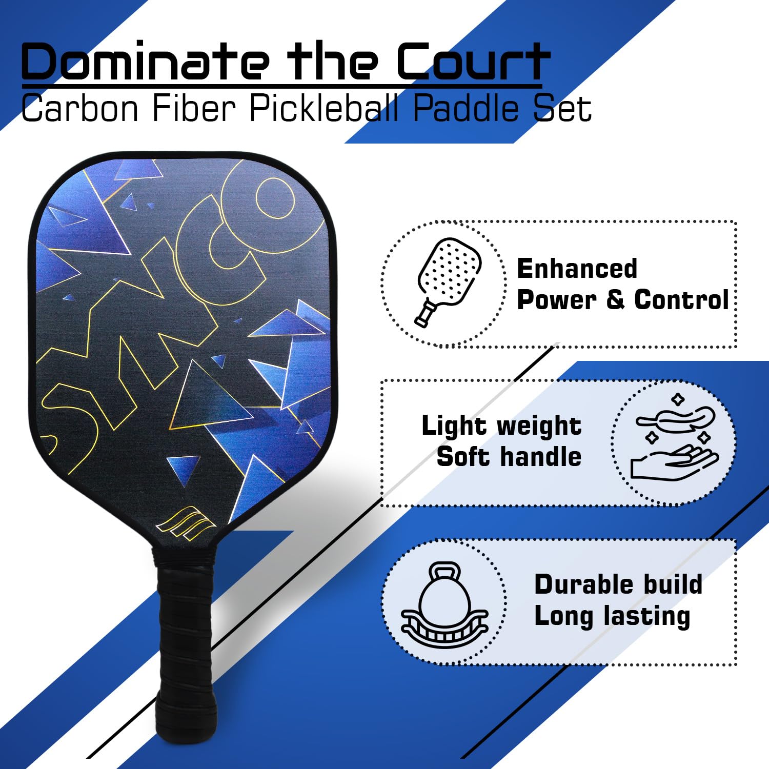 Synco Carbon Fiber Pickleball Paddle Set | 2 Racket, 4 Pickleballs with Carry Bag | 230g Lightweight Racket | Cushion Comfort Grip | 16mm Professional Paddle | Honeycomb Dense Core (Glory Black, 16mm)