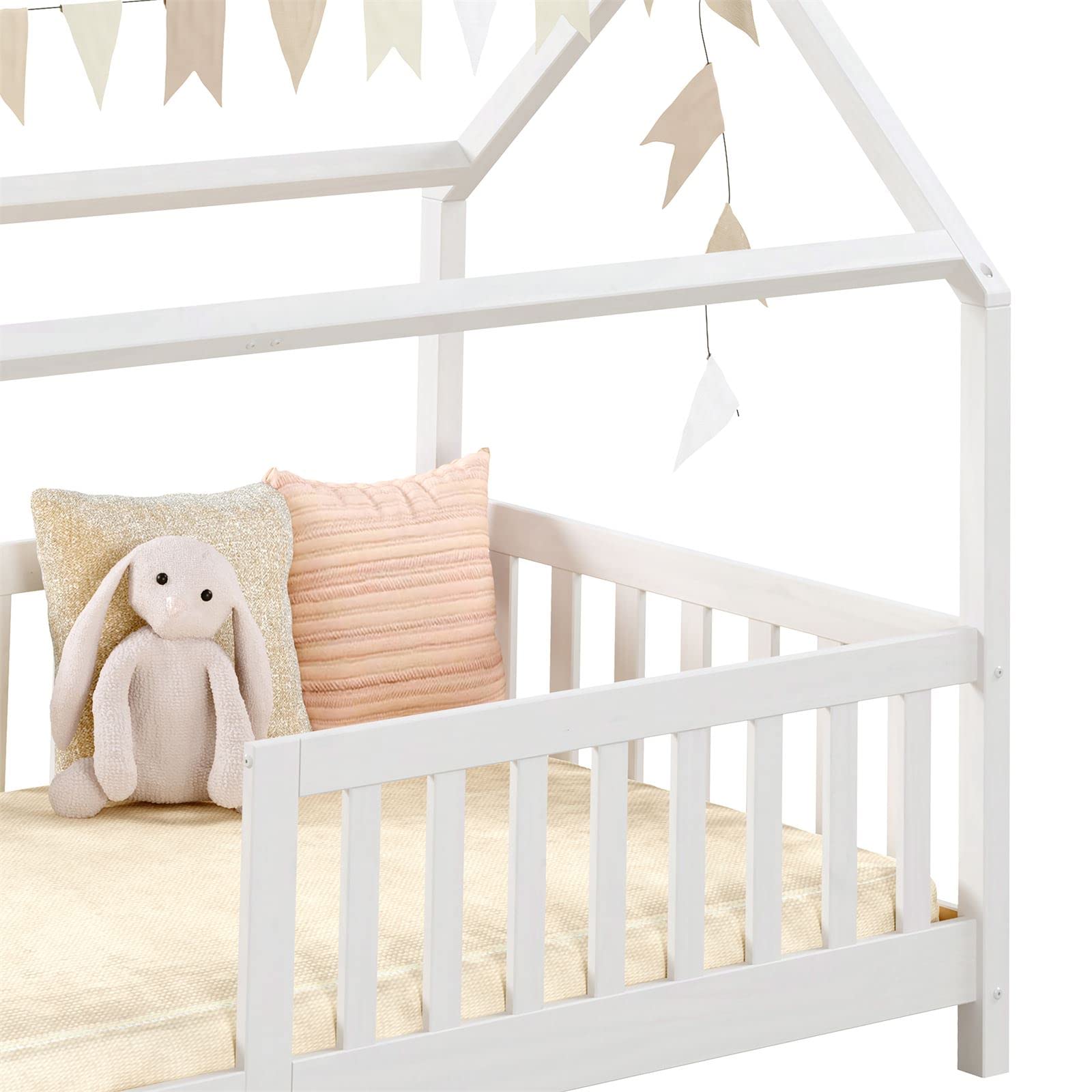 IDIMEX Hausbett NINA, Kinderbett mit Rausfallschutz 90x200, Massivholz Weiß