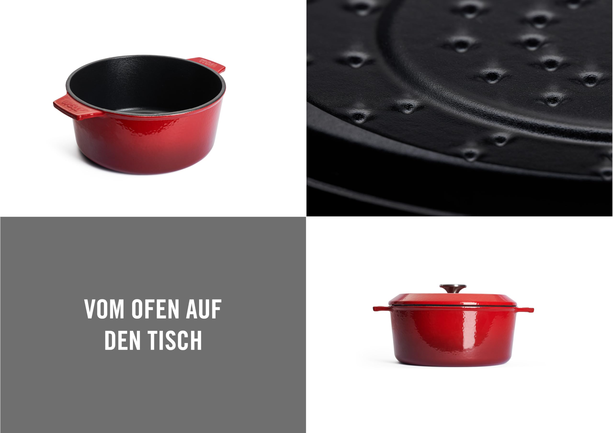 Woll Iron Gusseisen Topf mit Deckel und Silikongriffen - Induktiv -, Ø 24 cm - Brotbacktopf - Schmortopf - Geeignet für alle Herdarten, Eisenguss, backofenfest bis zu 250°, rot