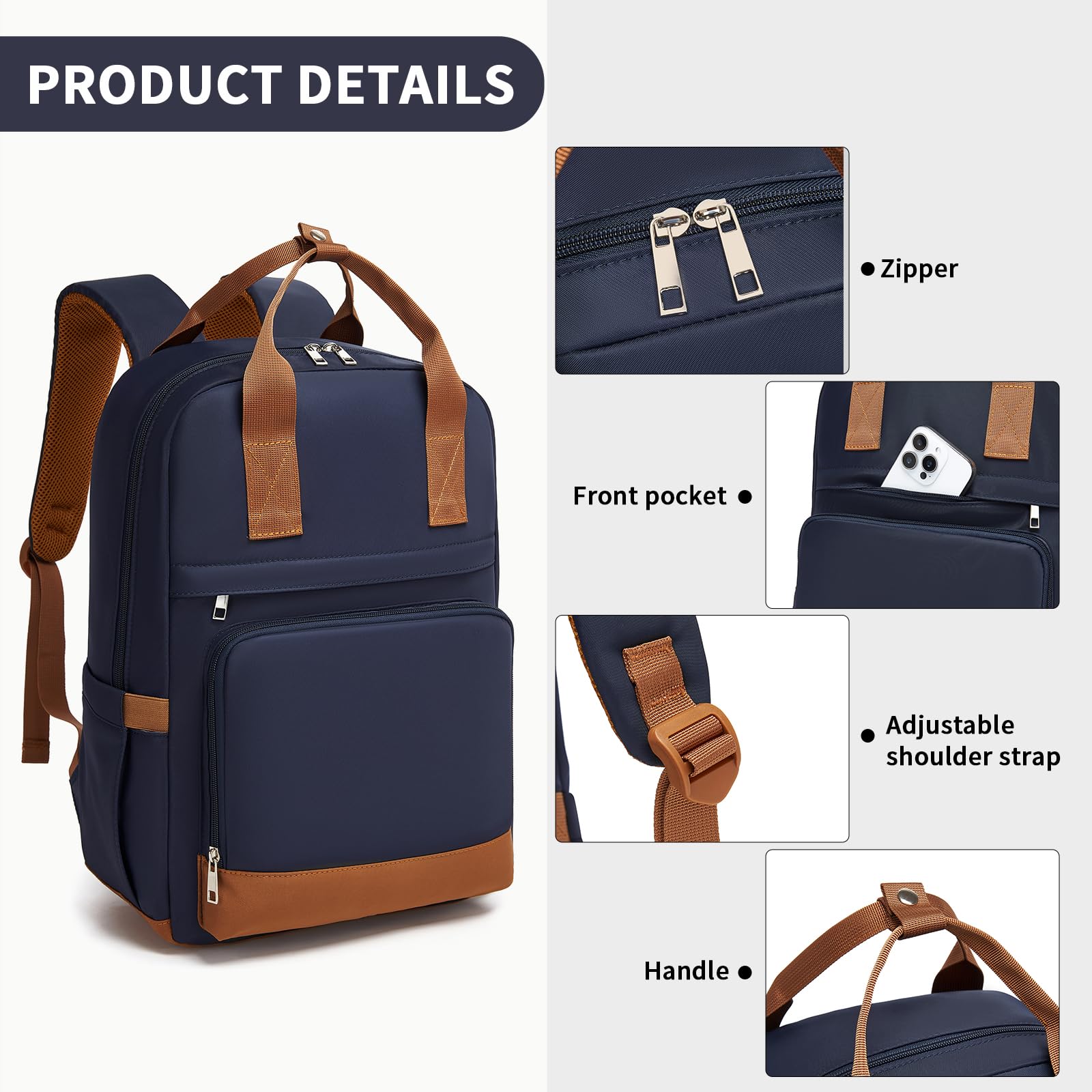 Kono Mochila para Ordenador Portátil 15,6 Pulgadas para Mujer, Elegante, Impermeable y Antirrobo de Gran Capacidad para Escuela, Universidad, Trabajo y Viaje (Azul oscuro/Marrón)