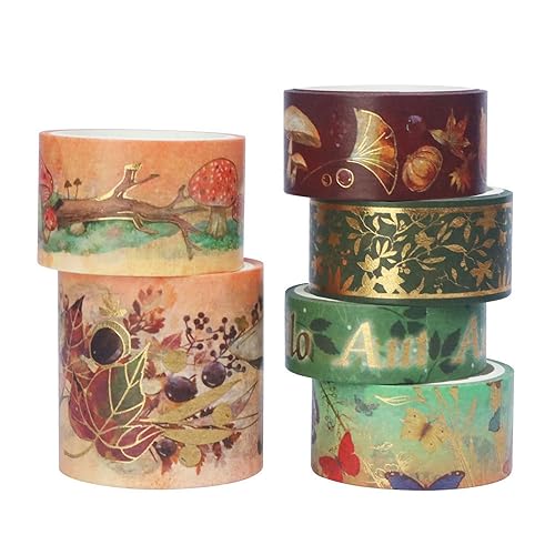 LGEGE Lot de 6 rouleaux de ruban adhésif Washi Tape Set sur le thème de l'automne, 15/20/25/40 mm de large, motif arbre fané, champignon, papillon, feuille d'or, ruban de masquage décoratif pour(3 m)
